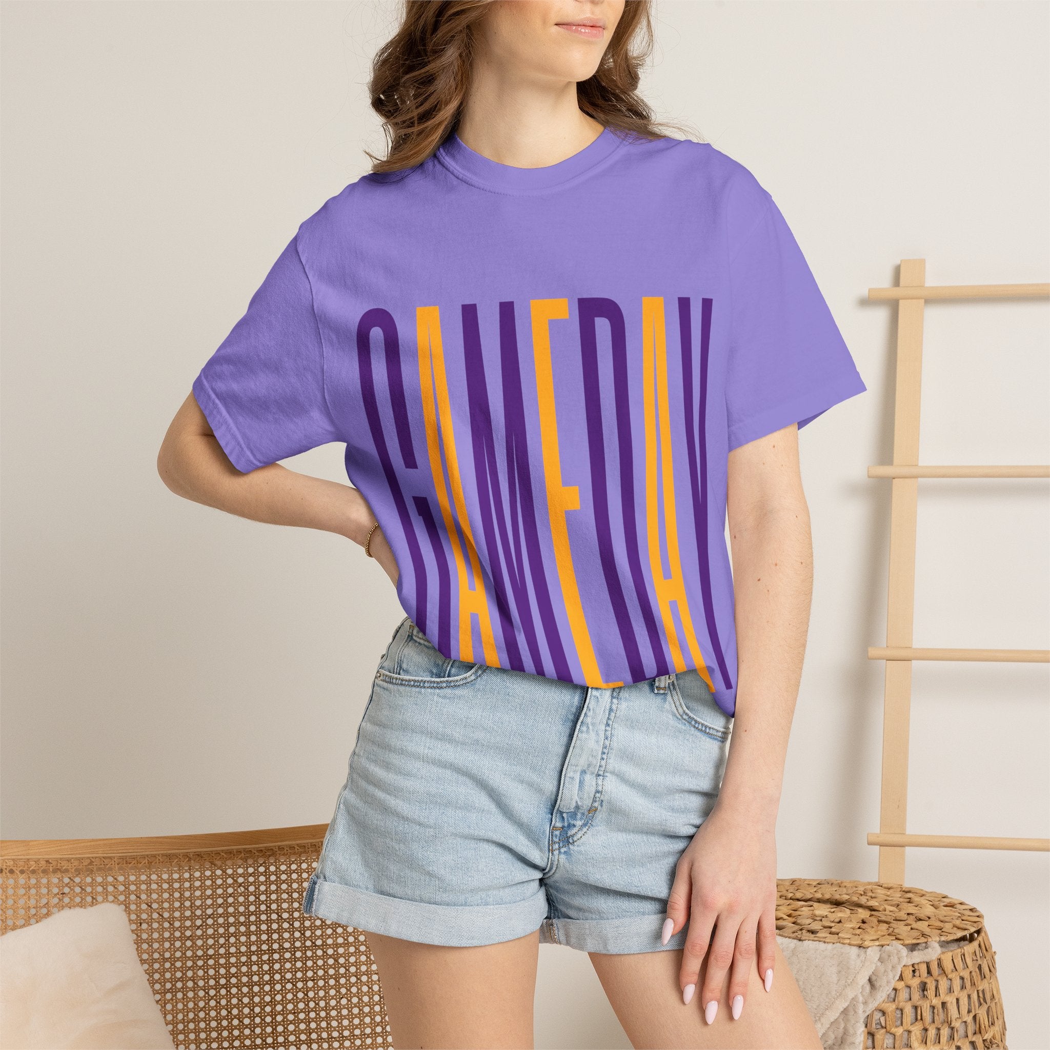 Gameday T-Shirt — Tall Block Letter Sports Tee (Purple & Gold)