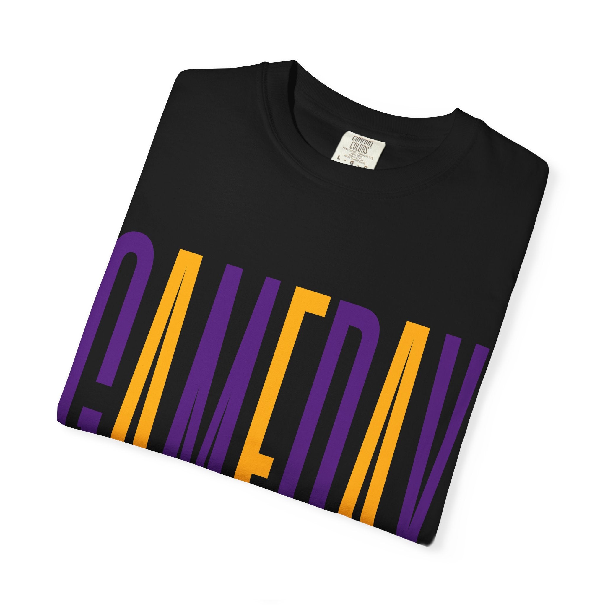Gameday T-Shirt — Tall Block Letter Sports Tee (Purple & Gold)