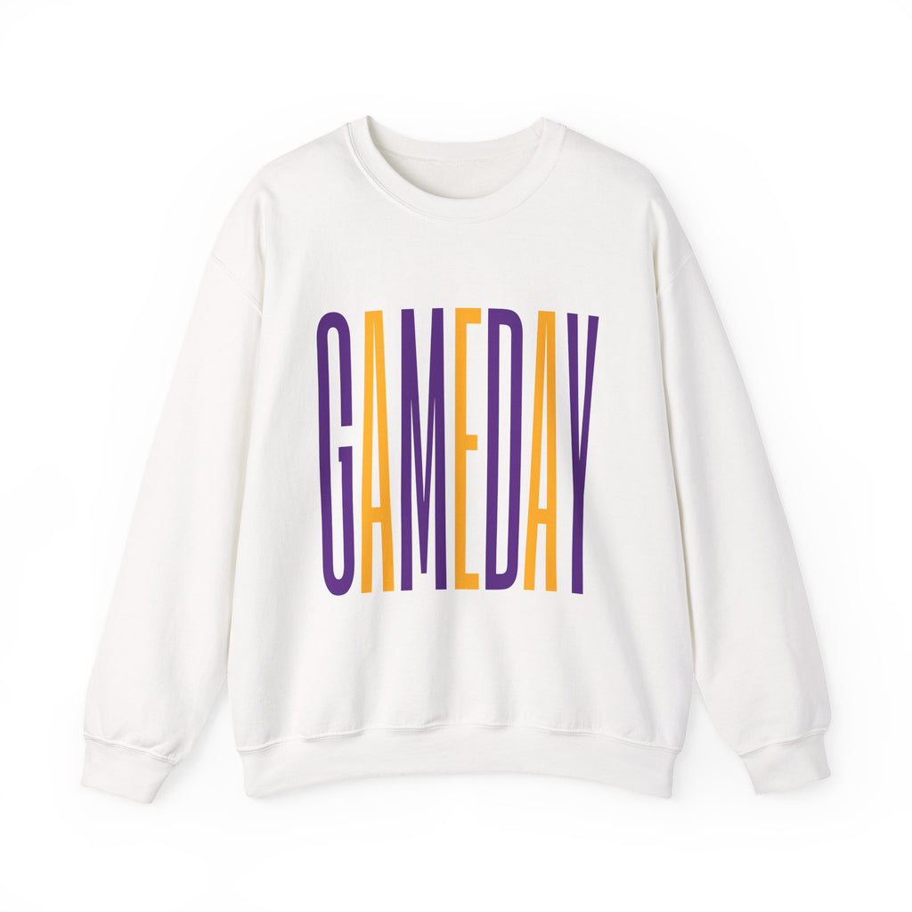 Gameday Crewneck Sweatshirt — Tall Purple & Gold Vertical Text