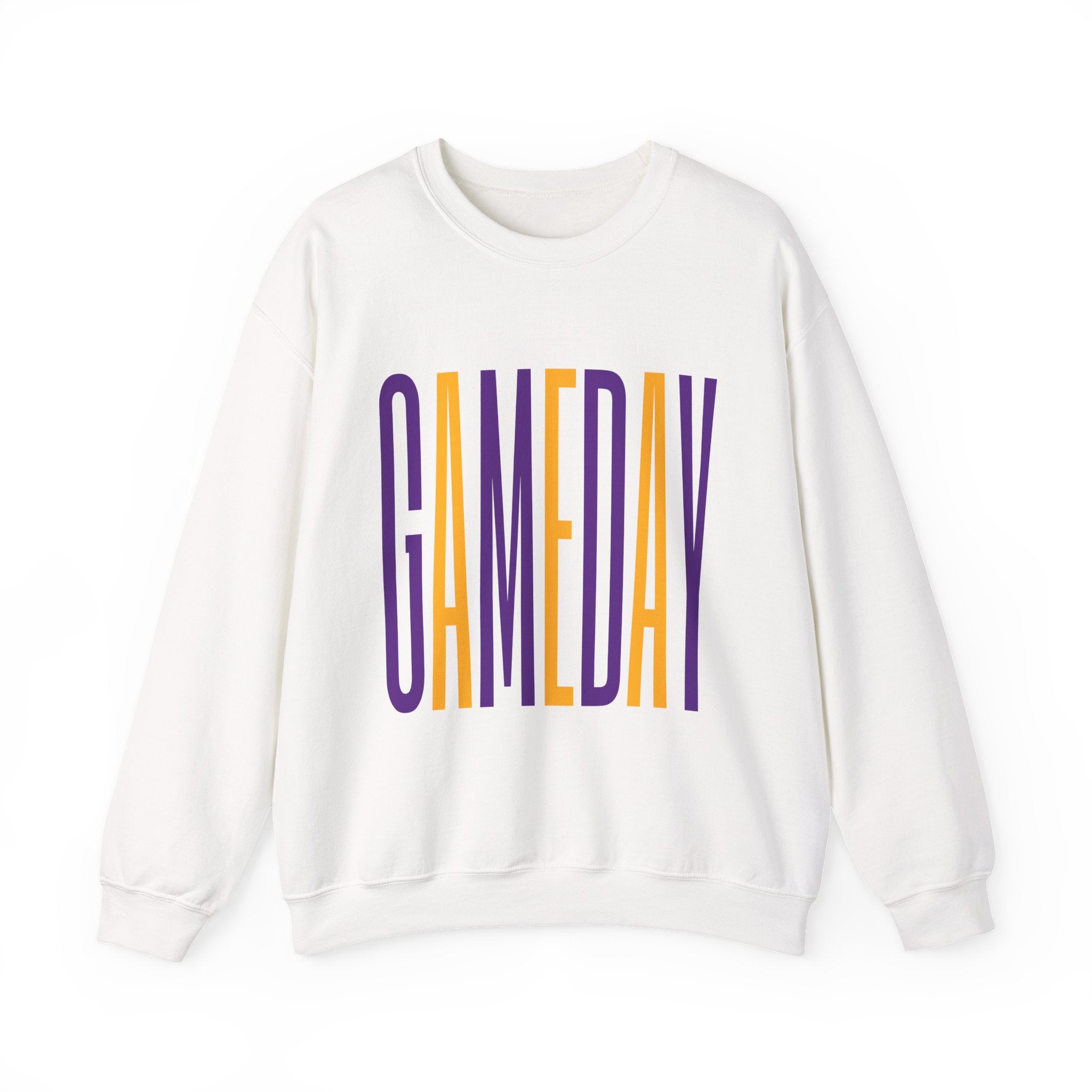 Gameday Crewneck Sweatshirt — Tall Purple & Gold Vertical Text