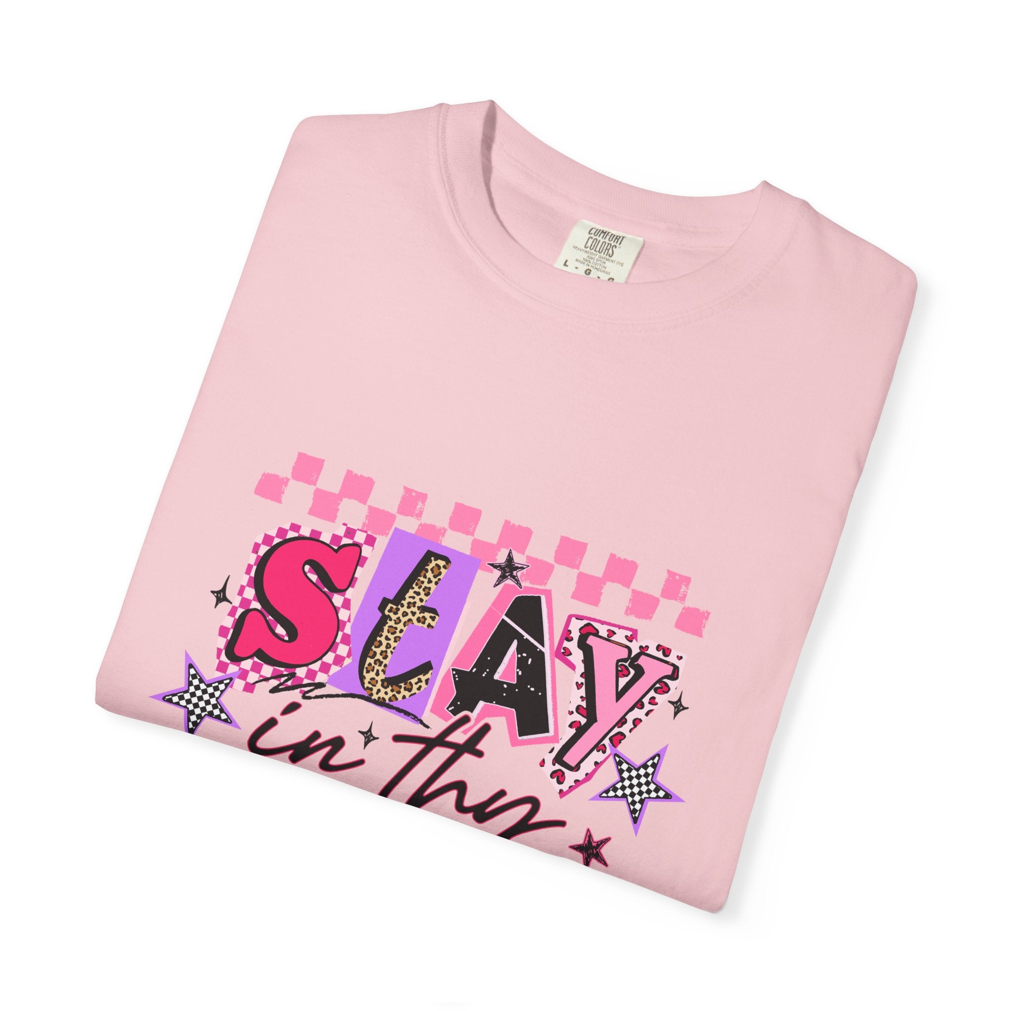 Slay in Thy Lane T-Shirt — Pink Check Graphic Tee (Pretty Proverbs 24:7)