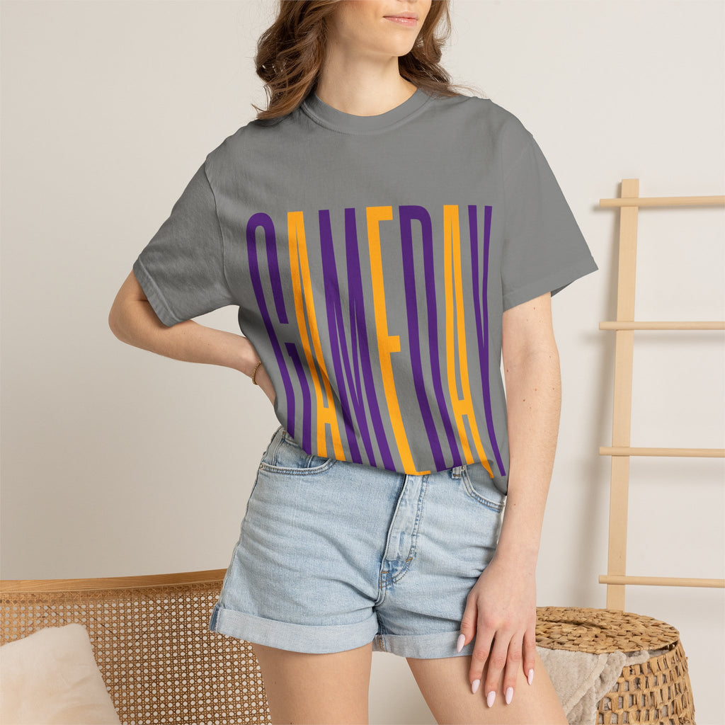 Gameday T-Shirt — Tall Block Letter Sports Tee (Purple & Gold)