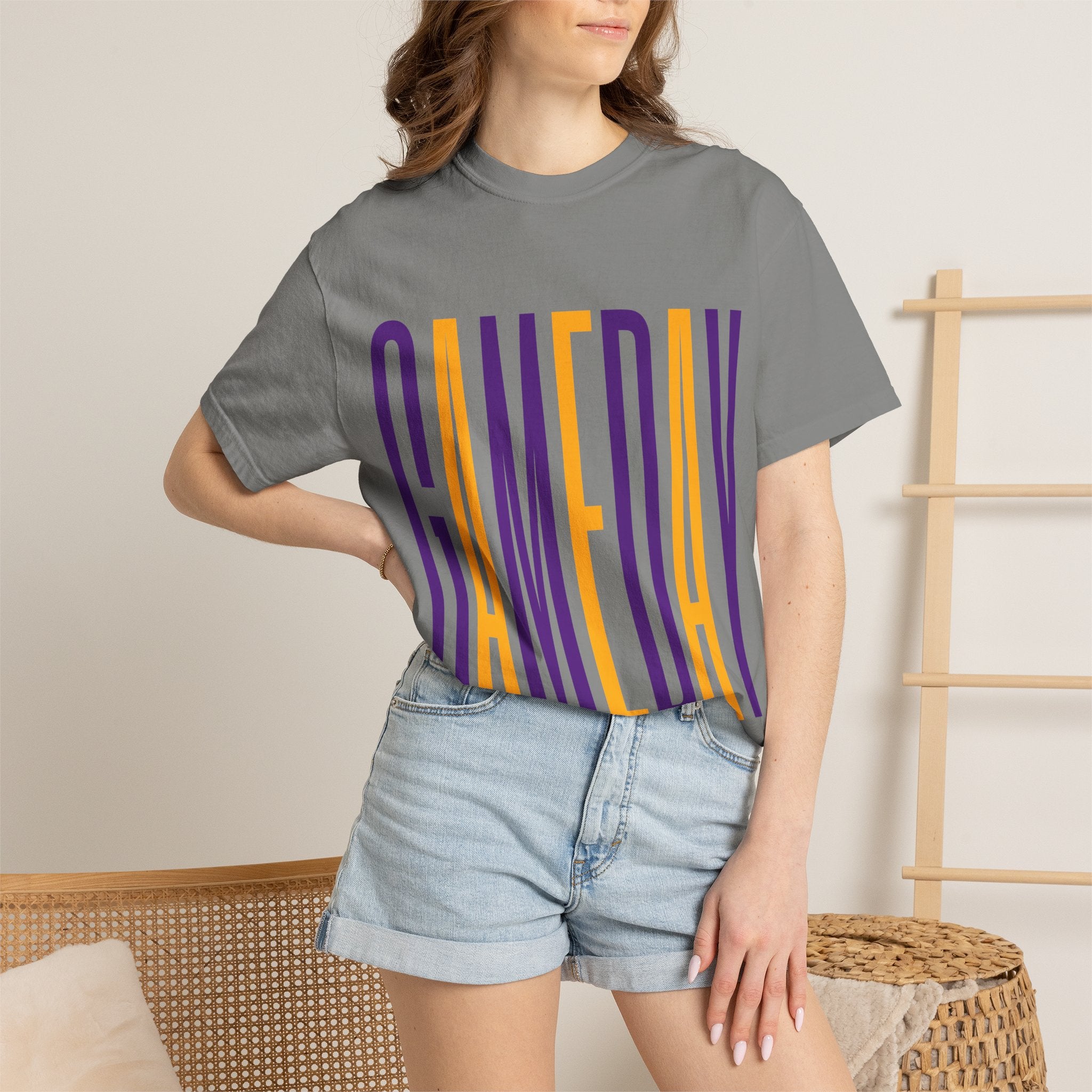 Gameday T-Shirt — Tall Block Letter Sports Tee (Purple & Gold)