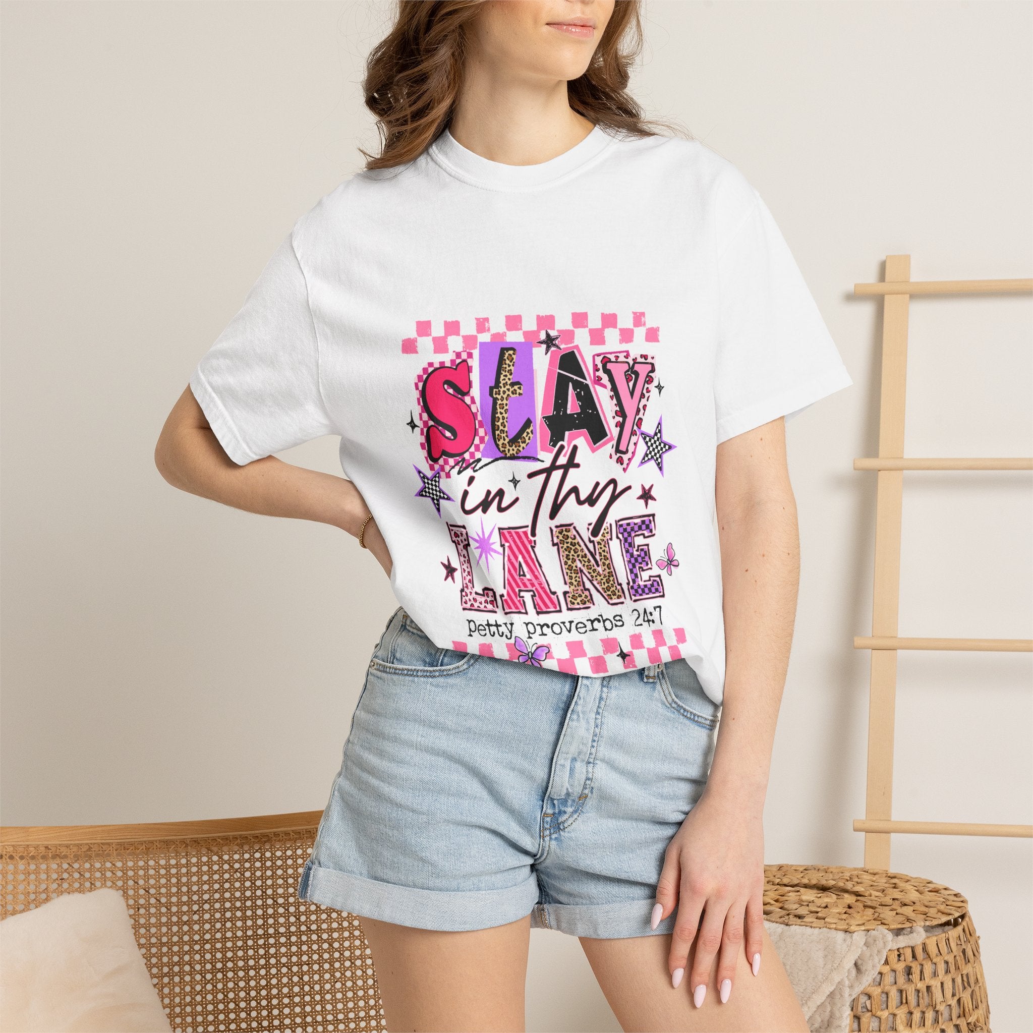 Slay in Thy Lane T-Shirt — Pink Check Graphic Tee (Pretty Proverbs 24:7)