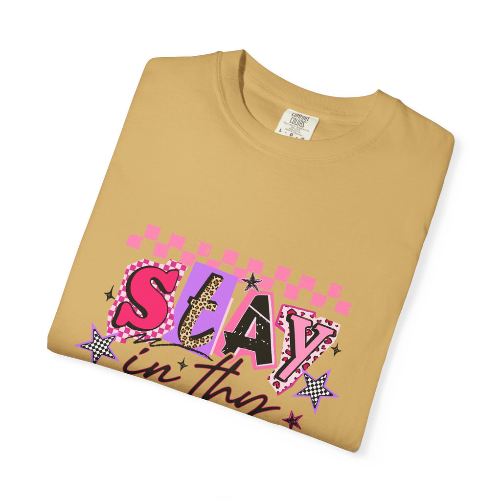 Slay in Thy Lane T-Shirt — Pink Check Graphic Tee (Pretty Proverbs 24:7)