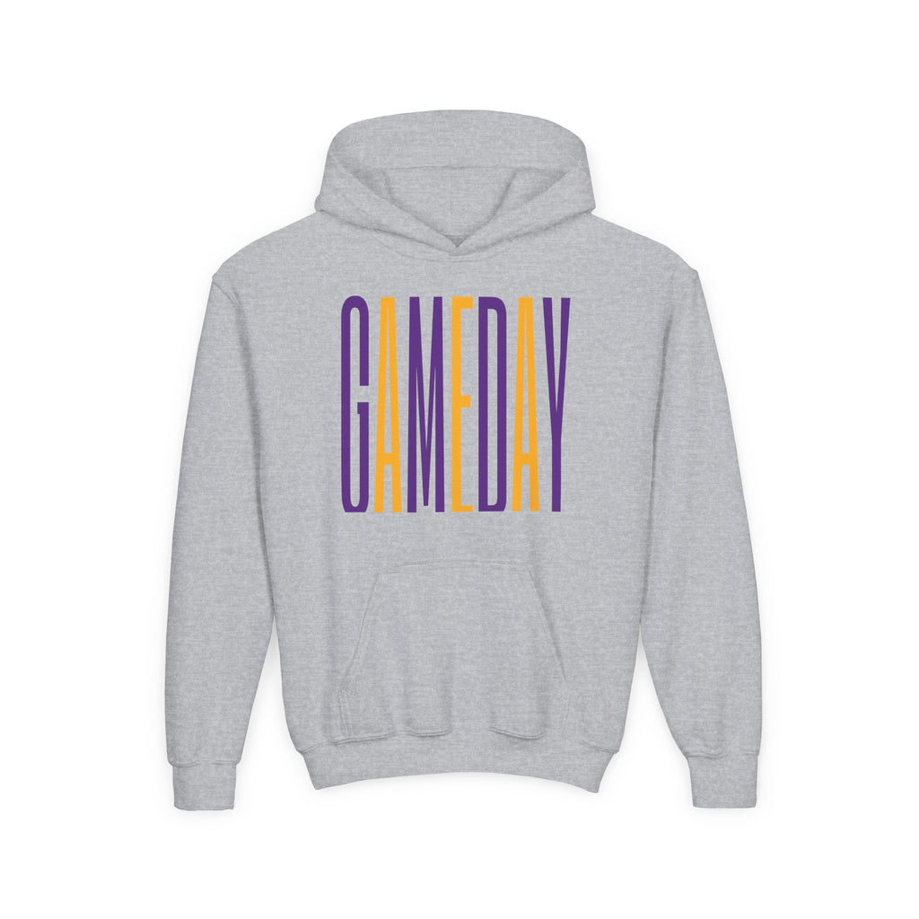 Youth 'GAMEDAY' Hoodie — Kids Sports Spirit Pullover (Purple & Gold Vertical Text)