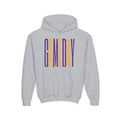 Youth 'GAMEDAY' Hoodie — Kids Sports Spirit Pullover (Purple & Gold Vertical Text)