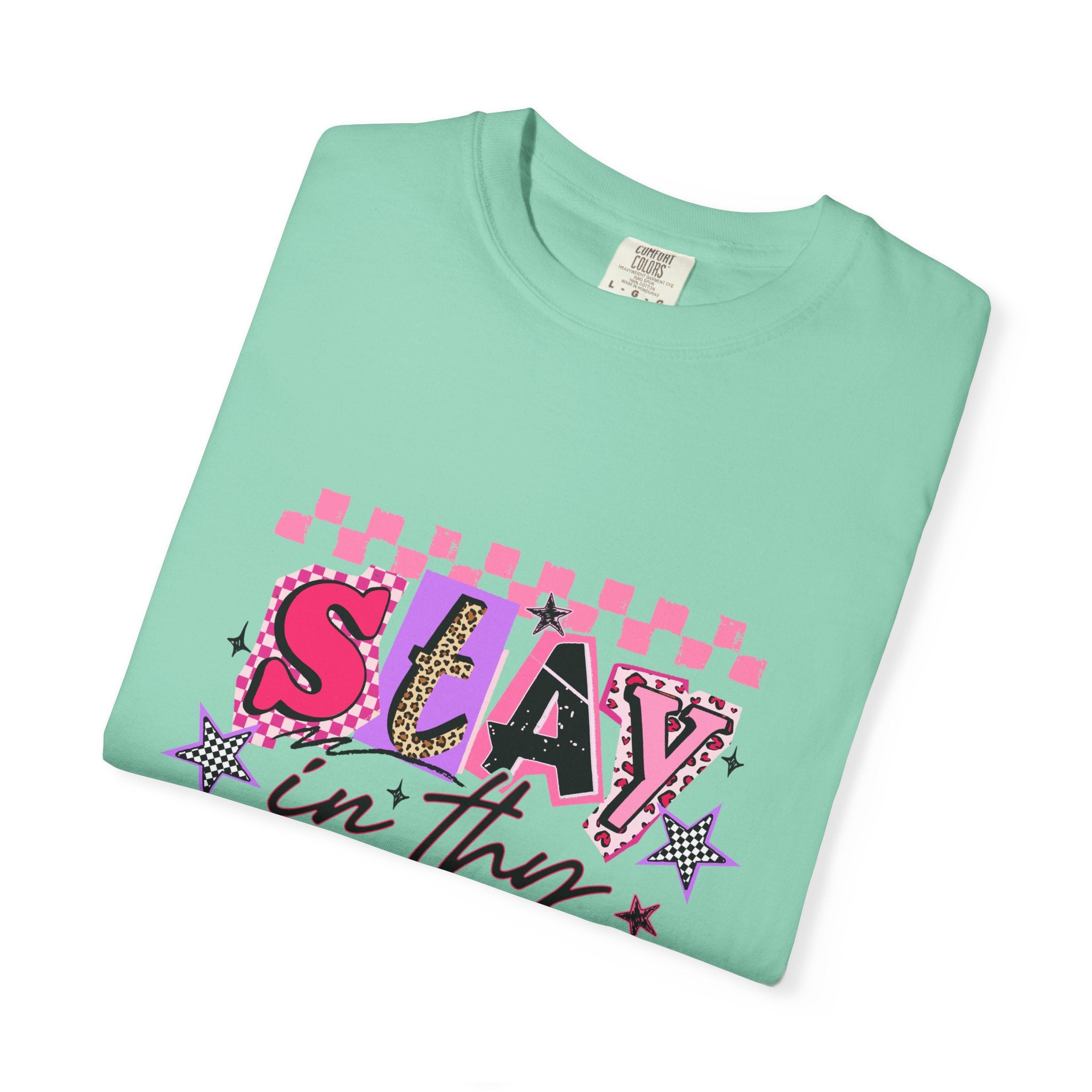 Slay in Thy Lane T-Shirt — Pink Check Graphic Tee (Pretty Proverbs 24:7)