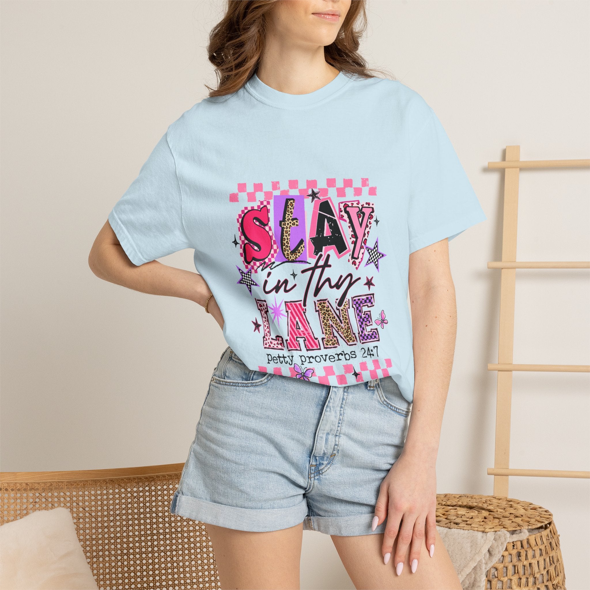 Slay in Thy Lane T-Shirt — Pink Check Graphic Tee (Pretty Proverbs 24:7)