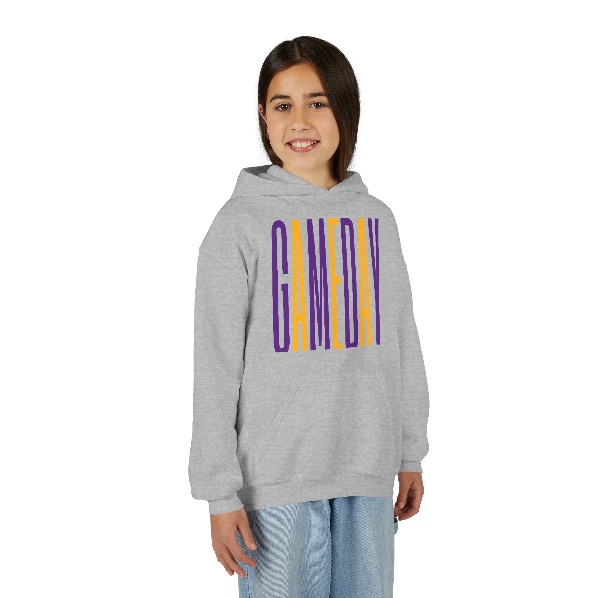 Youth 'GAMEDAY' Hoodie — Kids Sports Spirit Pullover (Purple & Gold Vertical Text)
