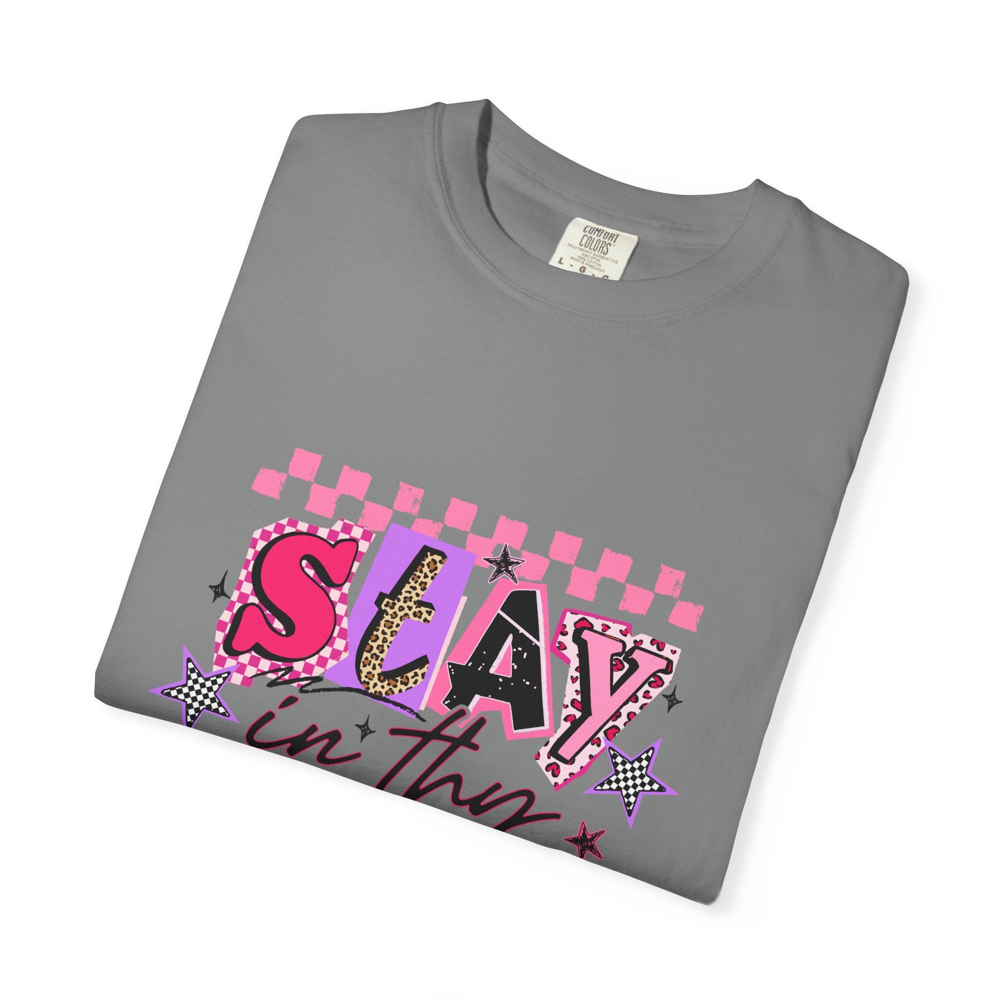 Slay in Thy Lane T-Shirt — Pink Check Graphic Tee (Pretty Proverbs 24:7)