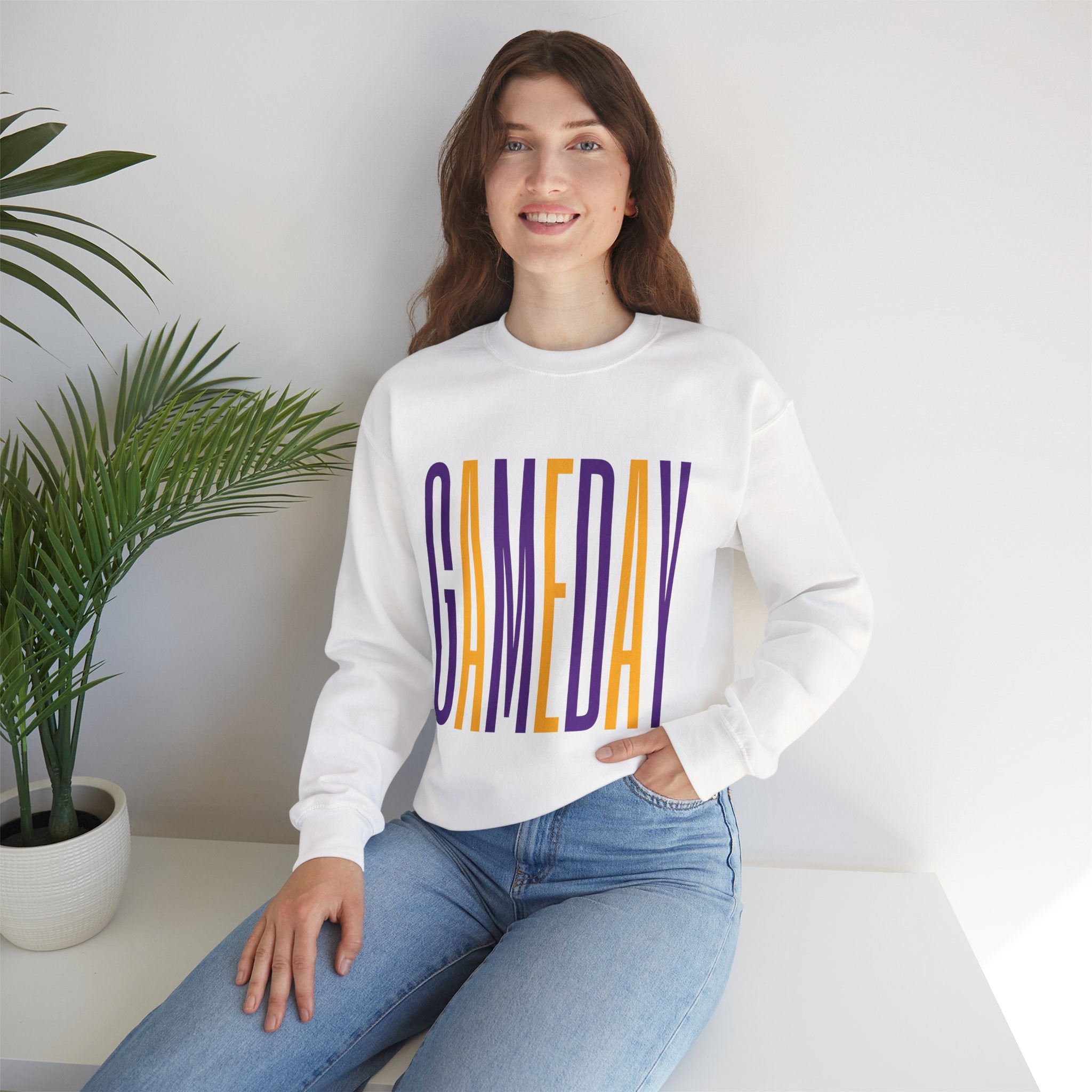 Gameday Crewneck Sweatshirt — Tall Purple & Gold Vertical Text