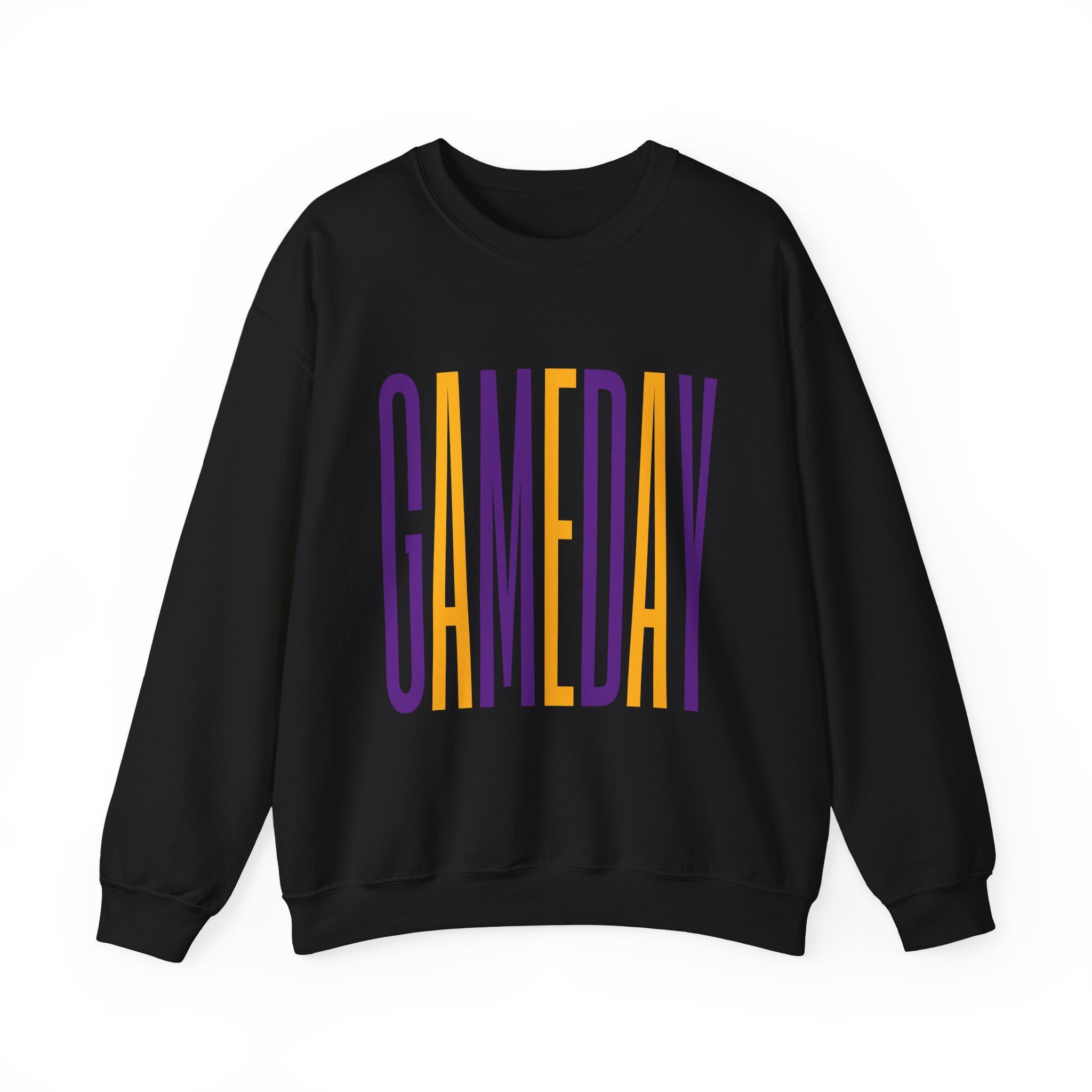 Gameday Crewneck Sweatshirt — Tall Purple & Gold Vertical Text
