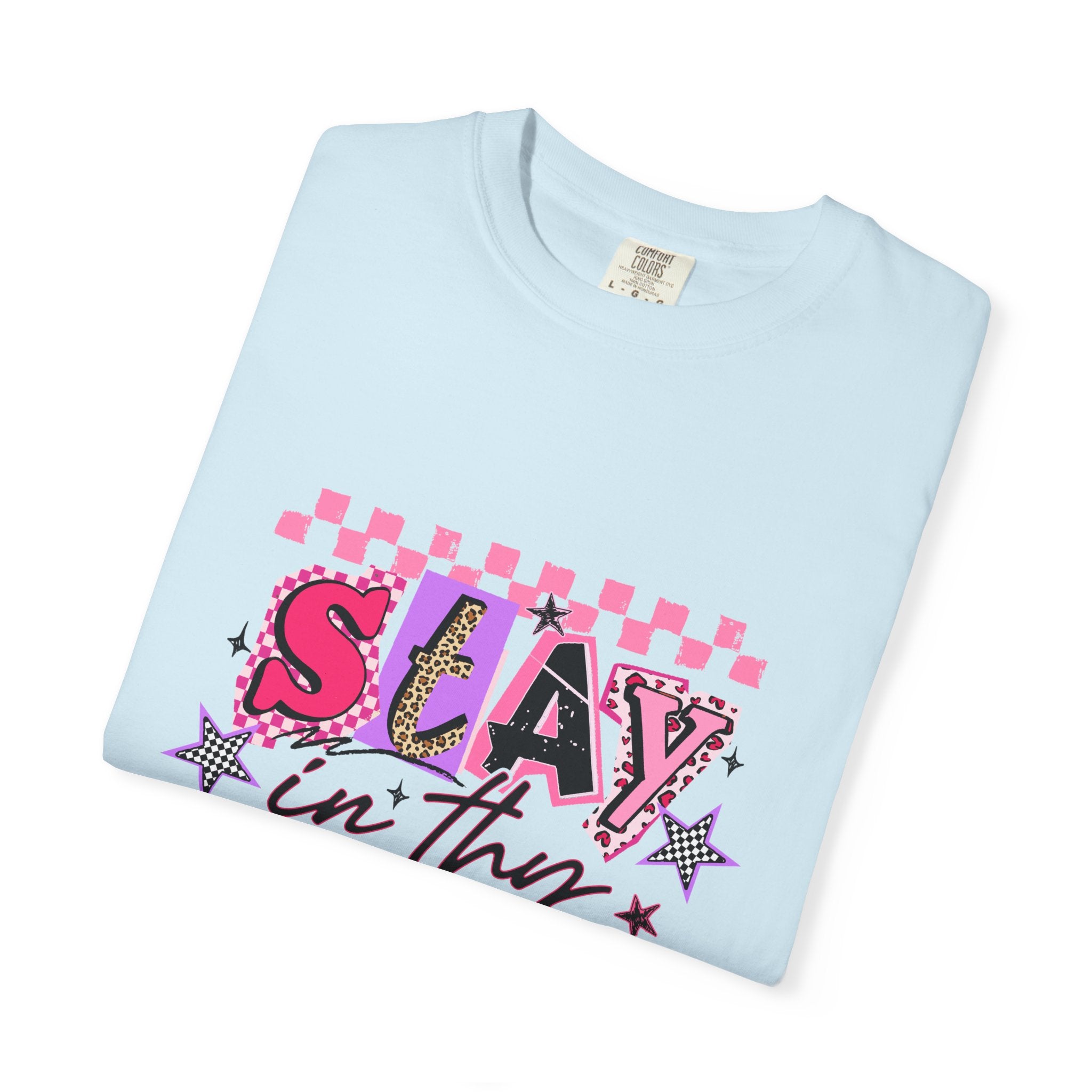 Slay in Thy Lane T-Shirt — Pink Check Graphic Tee (Pretty Proverbs 24:7)