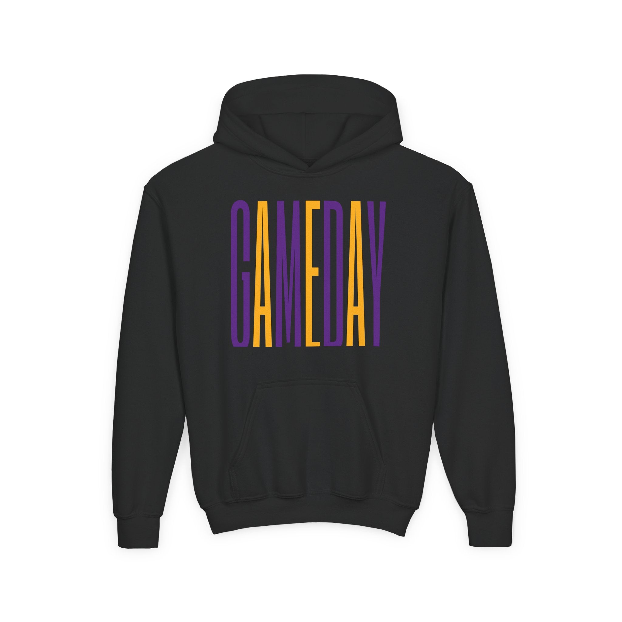 Youth 'GAMEDAY' Hoodie — Kids Sports Spirit Pullover (Purple & Gold Vertical Text)
