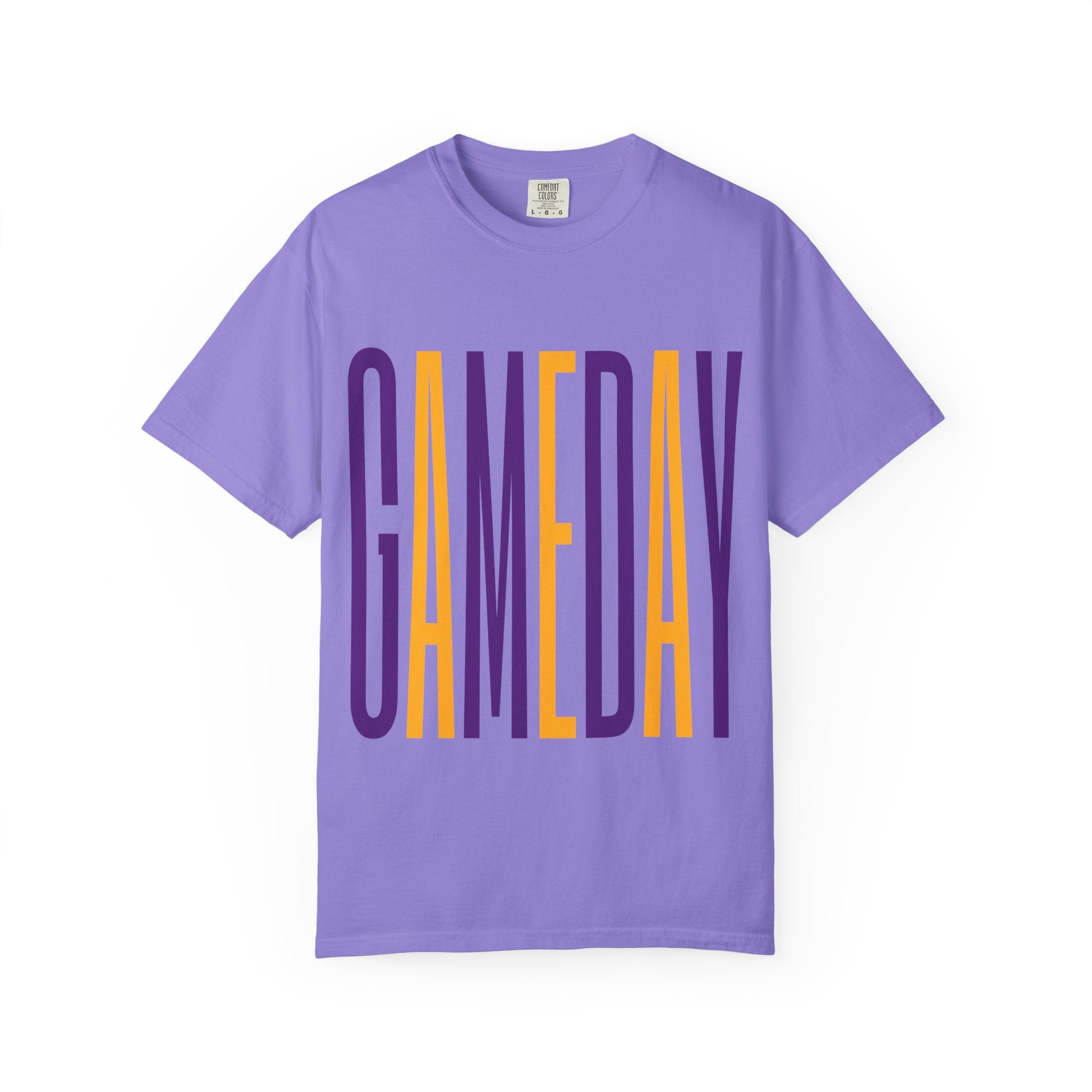 Gameday T-Shirt — Tall Block Letter Sports Tee (Purple & Gold)