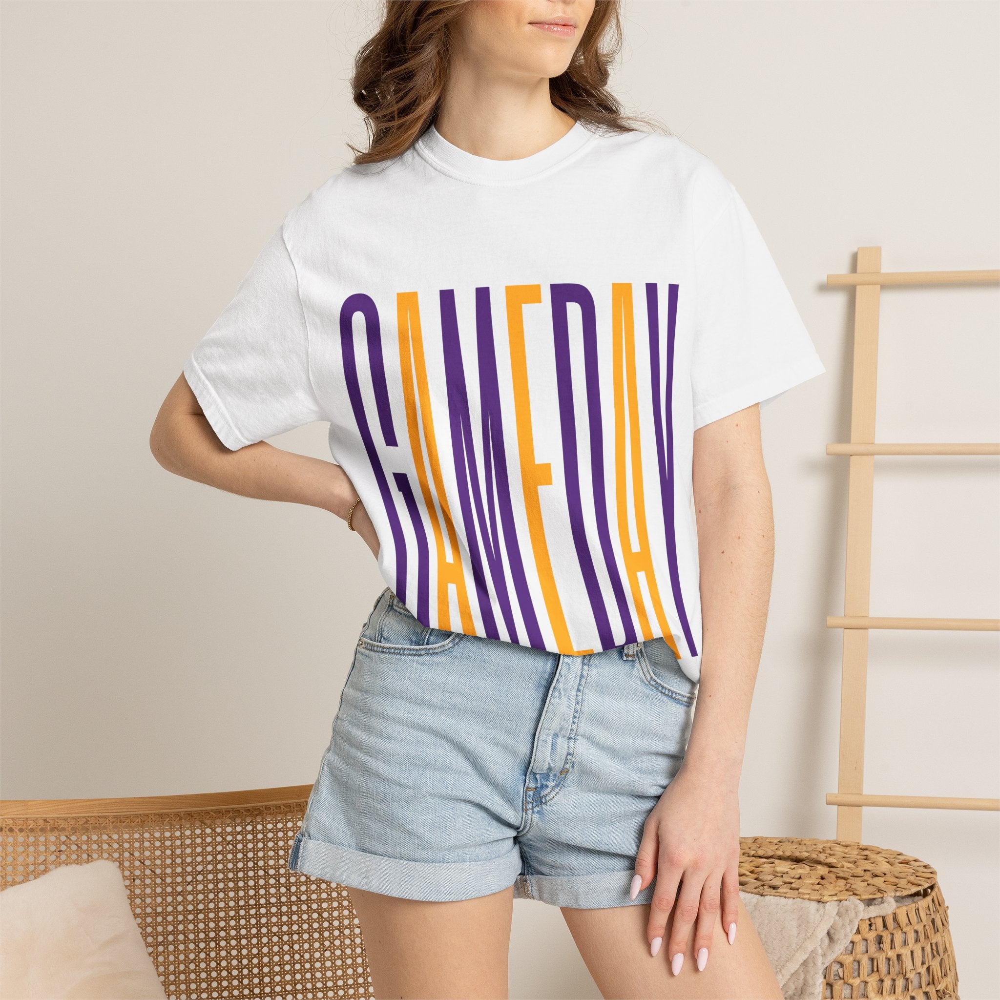 Gameday T-Shirt — Tall Block Letter Sports Tee (Purple & Gold)