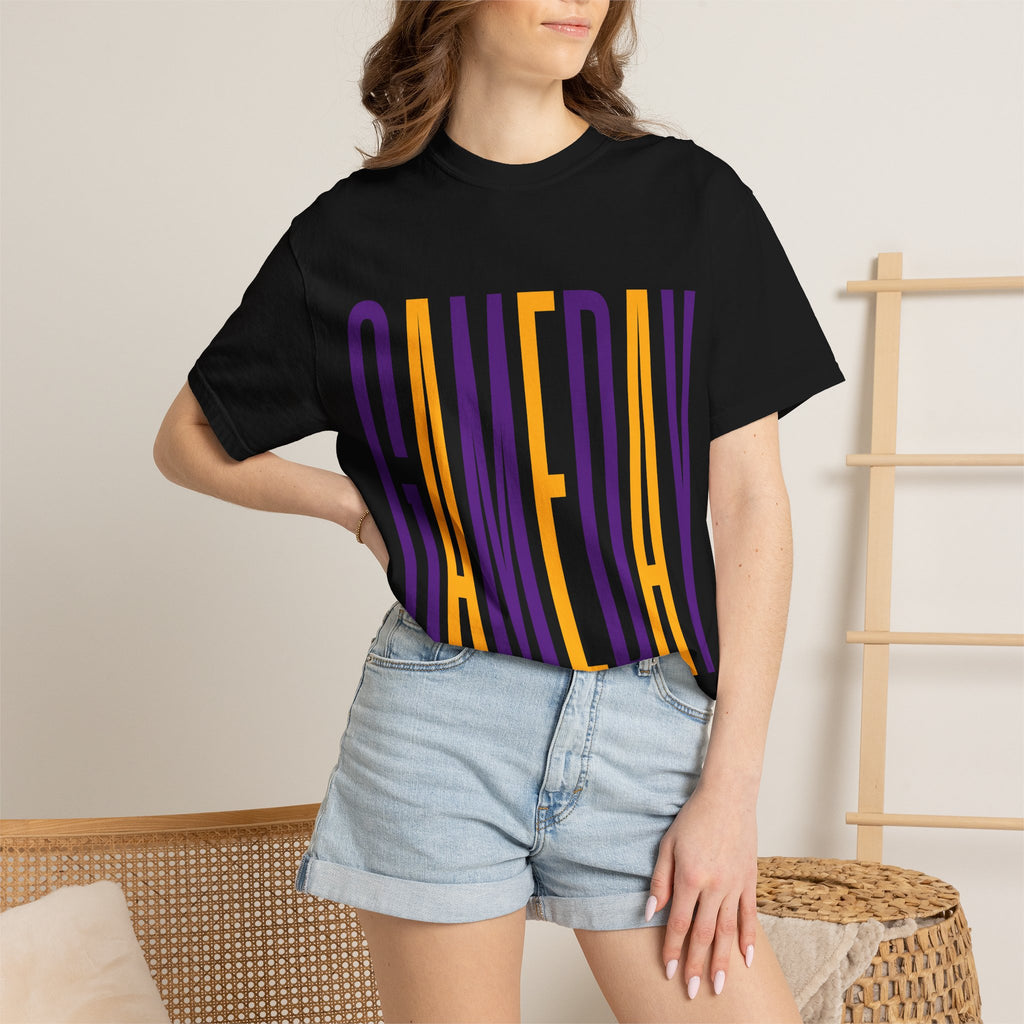 Gameday T-Shirt — Tall Block Letter Sports Tee (Purple & Gold)