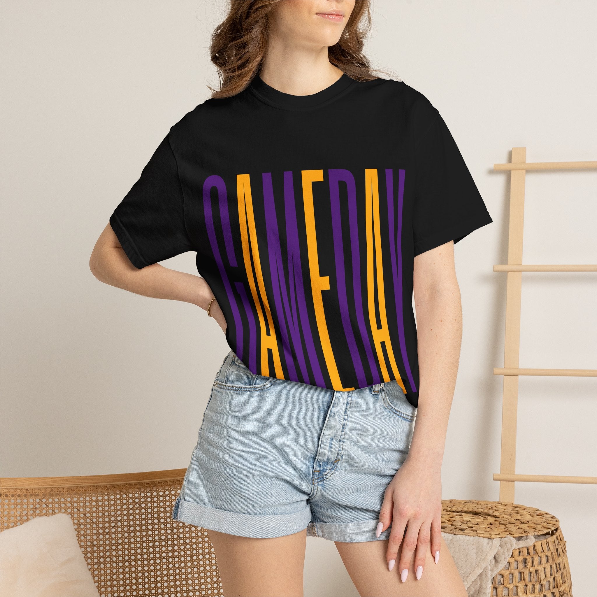 Gameday T-Shirt — Tall Block Letter Sports Tee (Purple & Gold)