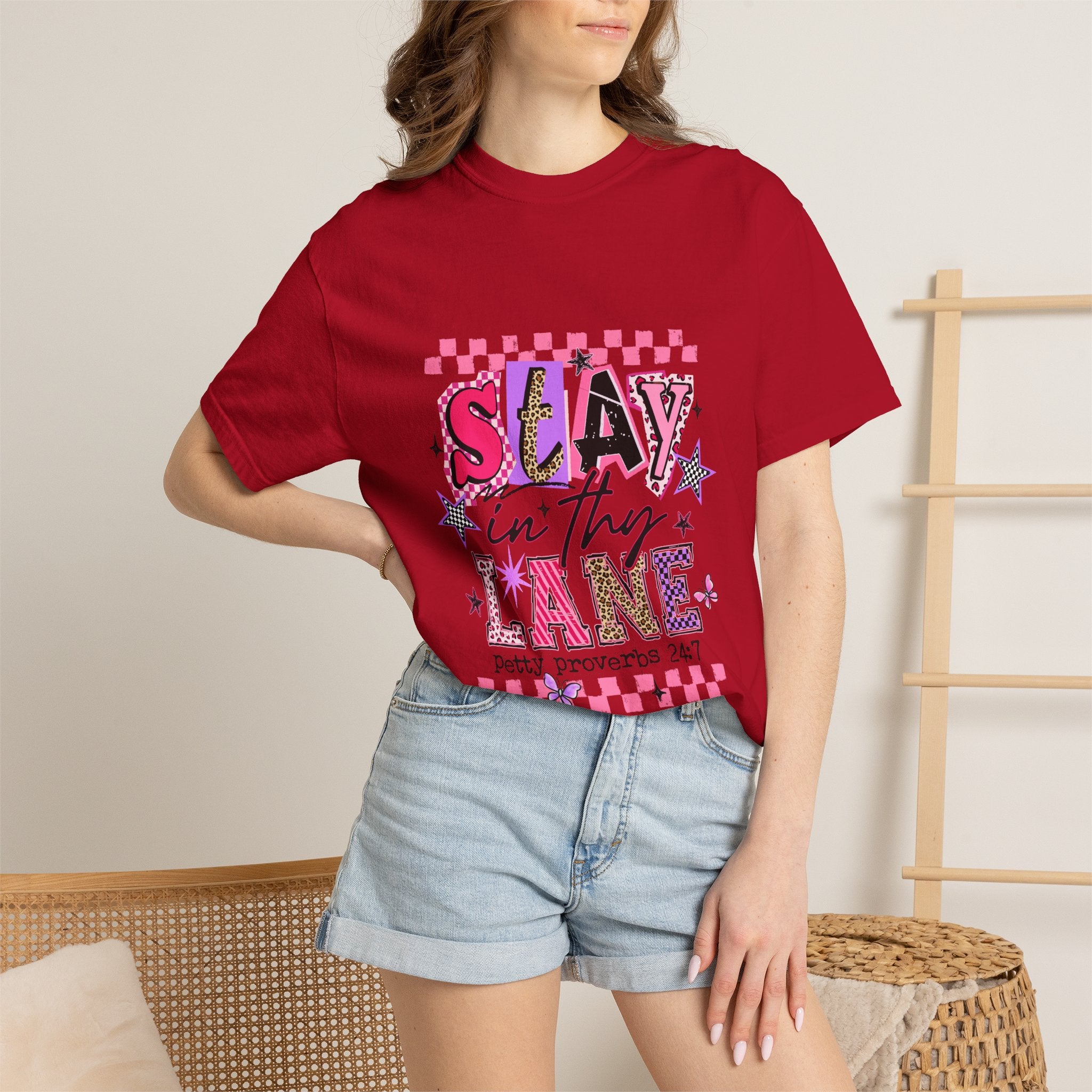 Slay in Thy Lane T-Shirt — Pink Check Graphic Tee (Pretty Proverbs 24:7)