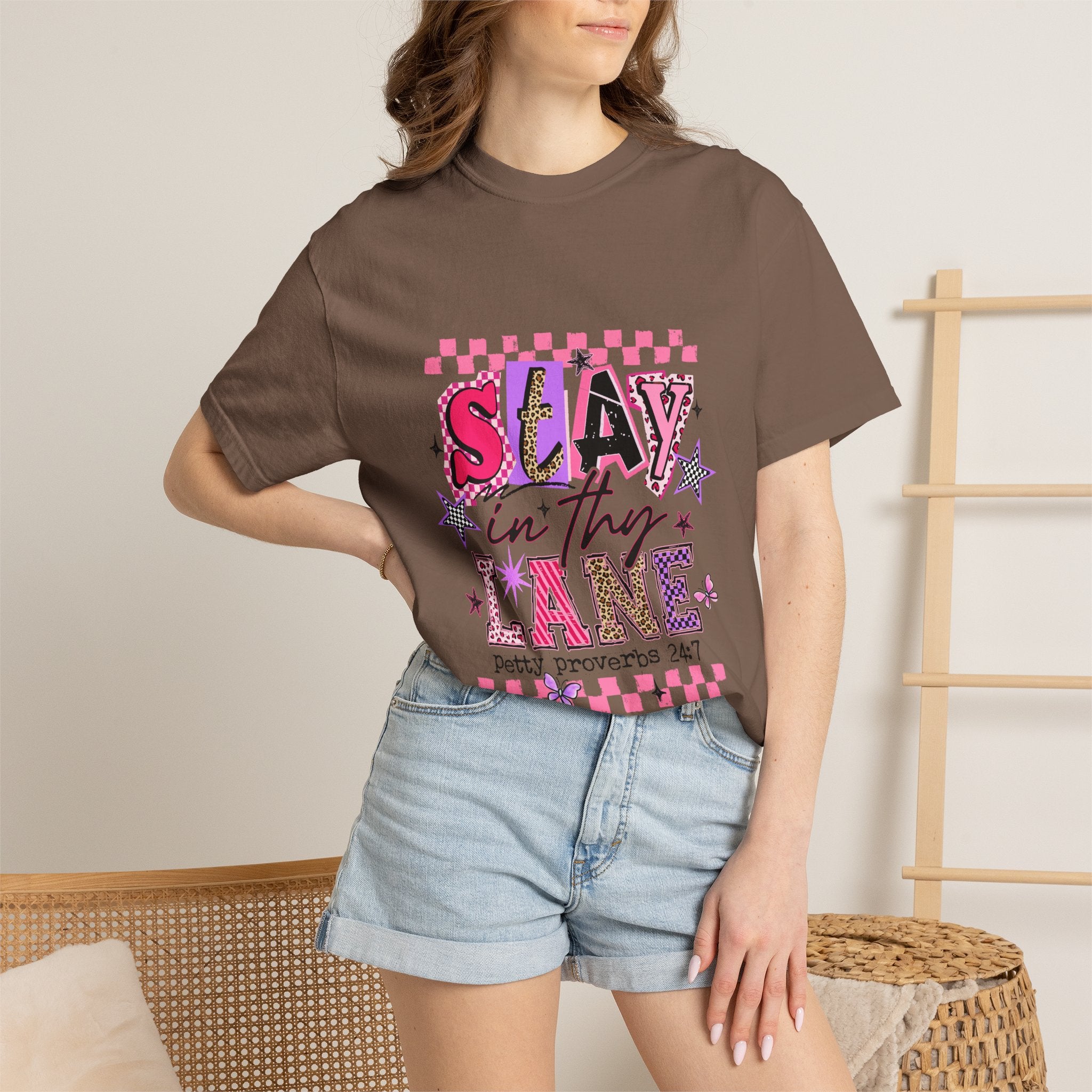 Slay in Thy Lane T-Shirt — Pink Check Graphic Tee (Pretty Proverbs 24:7)
