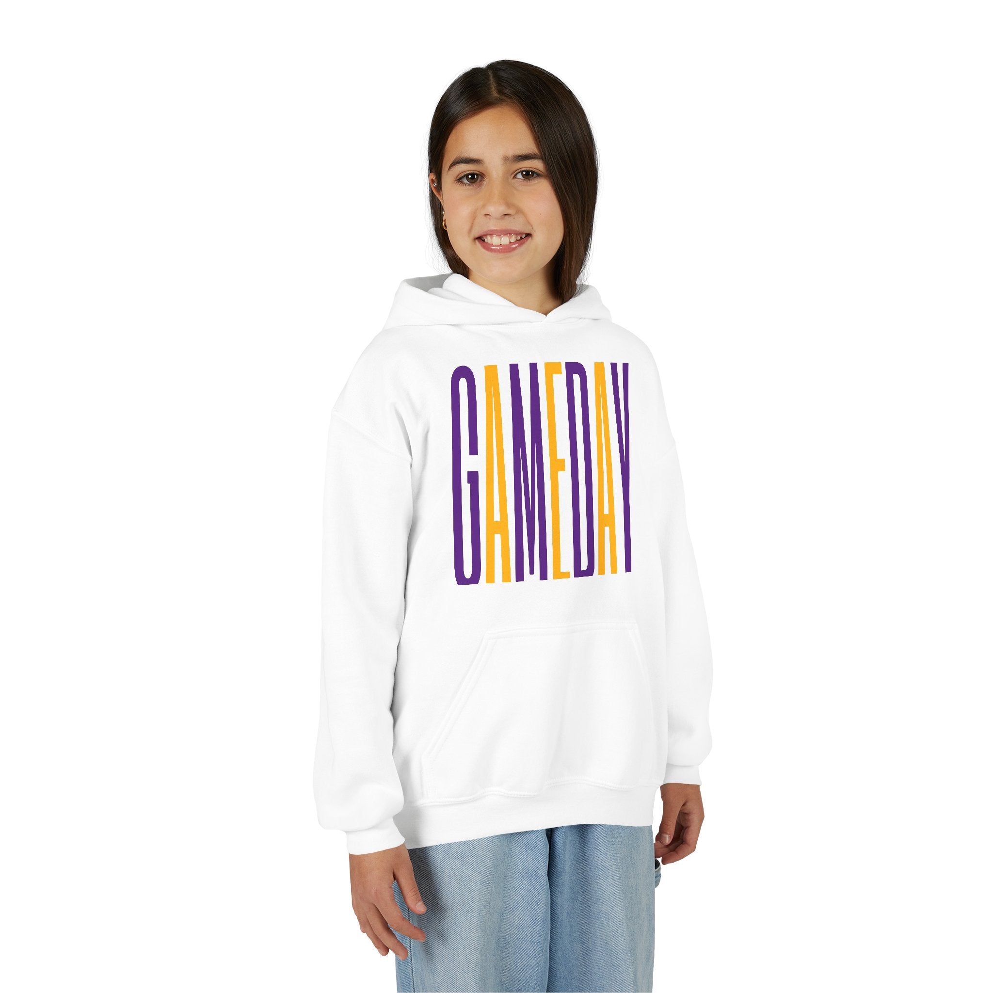 Youth 'GAMEDAY' Hoodie — Kids Sports Spirit Pullover (Purple & Gold Vertical Text)