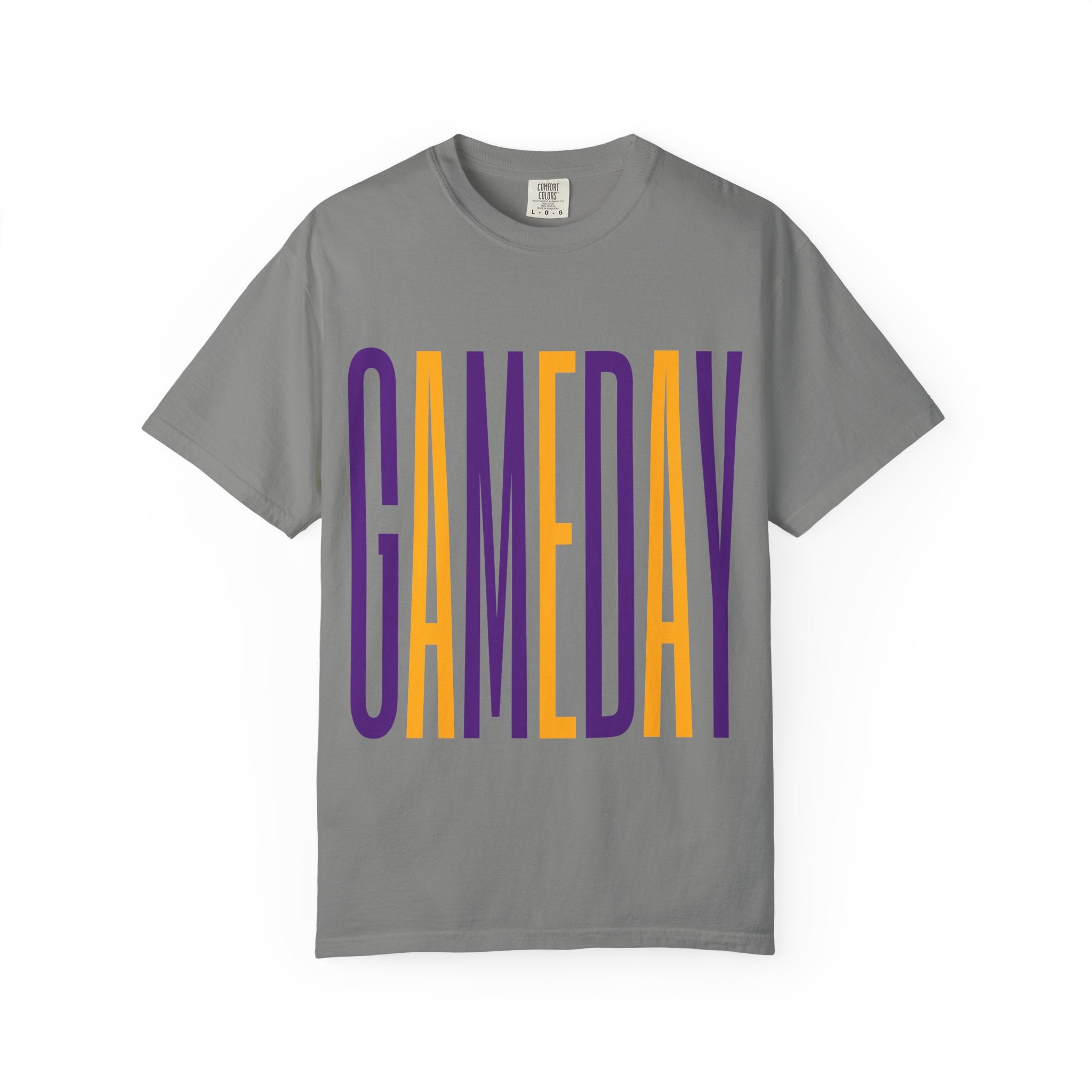 Gameday T-Shirt — Tall Block Letter Sports Tee (Purple & Gold)