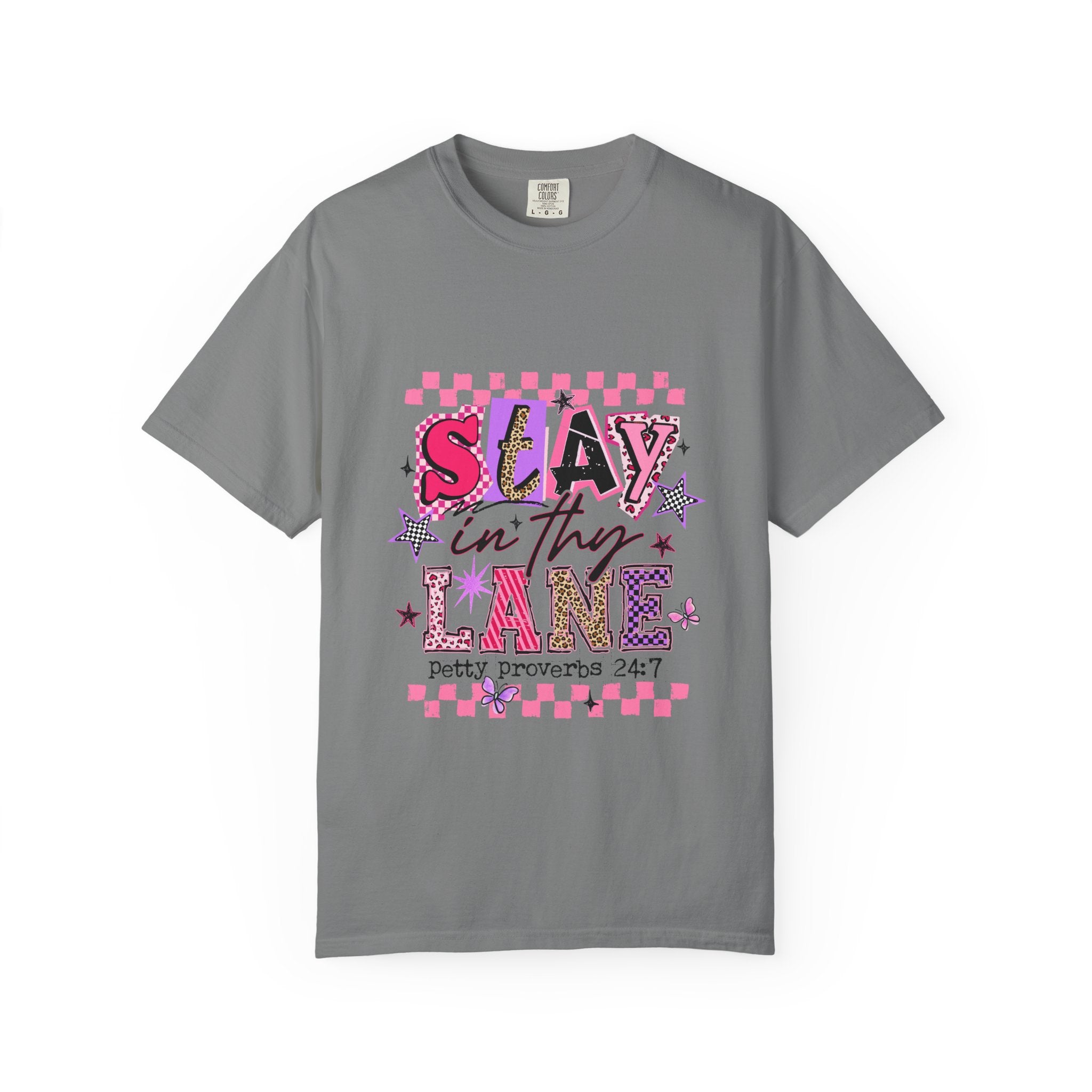 Slay in Thy Lane T-Shirt — Pink Check Graphic Tee (Pretty Proverbs 24:7)