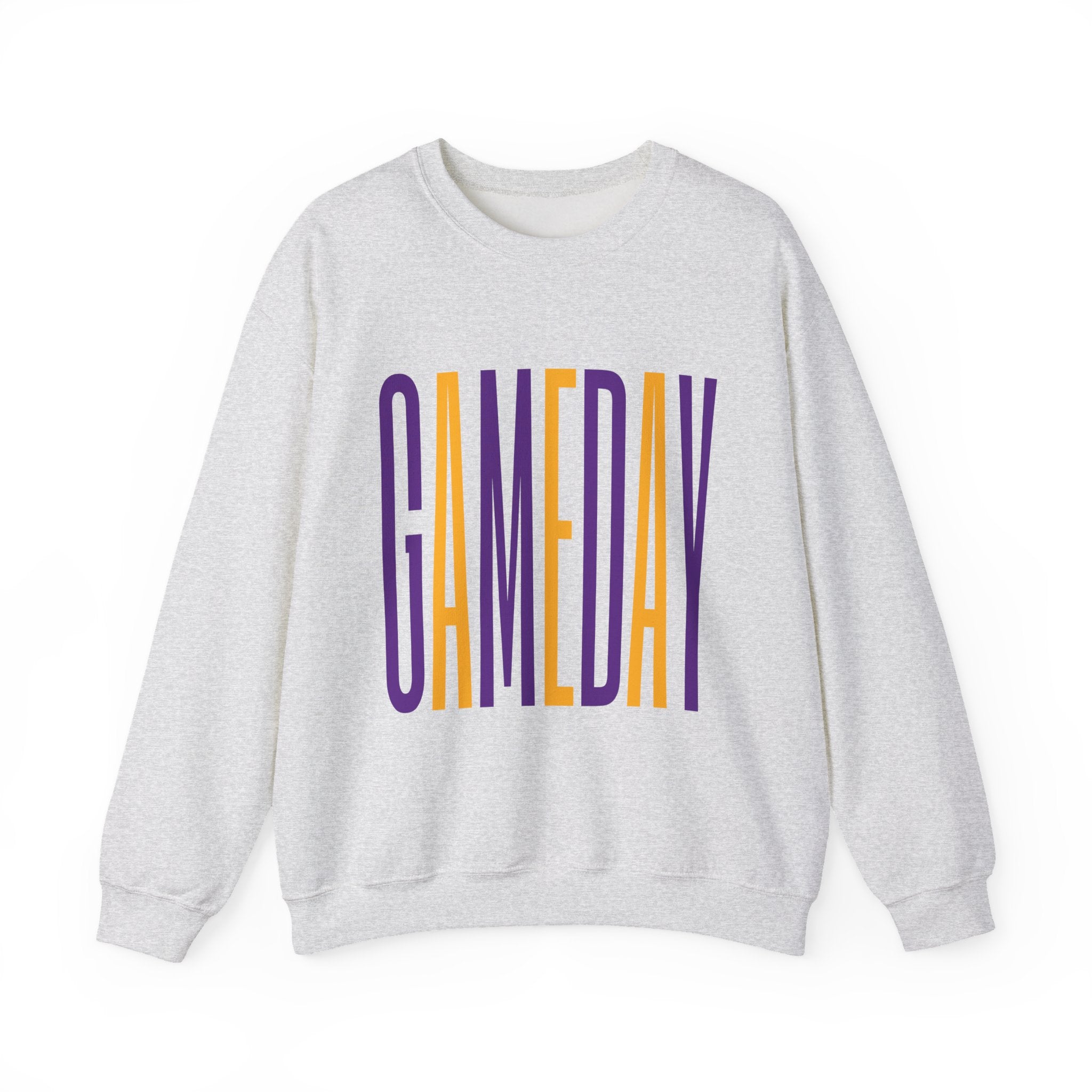 Gameday Crewneck Sweatshirt — Tall Purple & Gold Vertical Text
