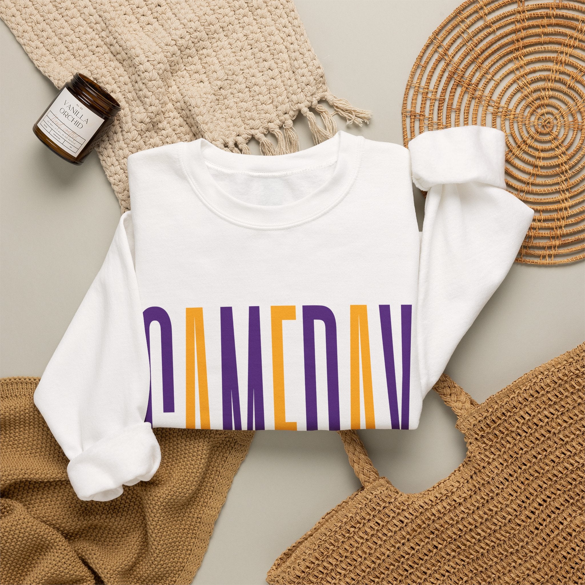 Gameday Crewneck Sweatshirt — Tall Purple & Gold Vertical Text