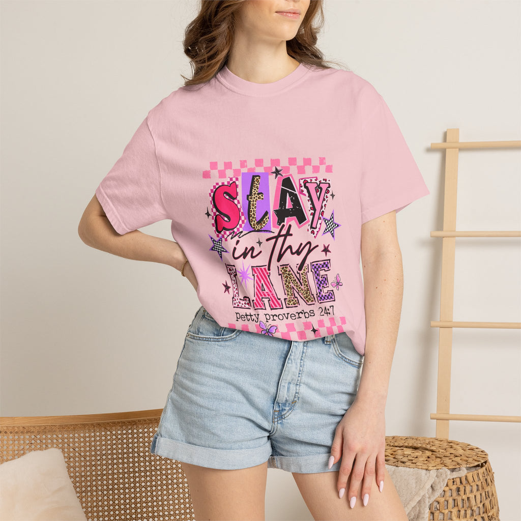 Slay in Thy Lane T-Shirt — Pink Check Graphic Tee (Pretty Proverbs 24:7)