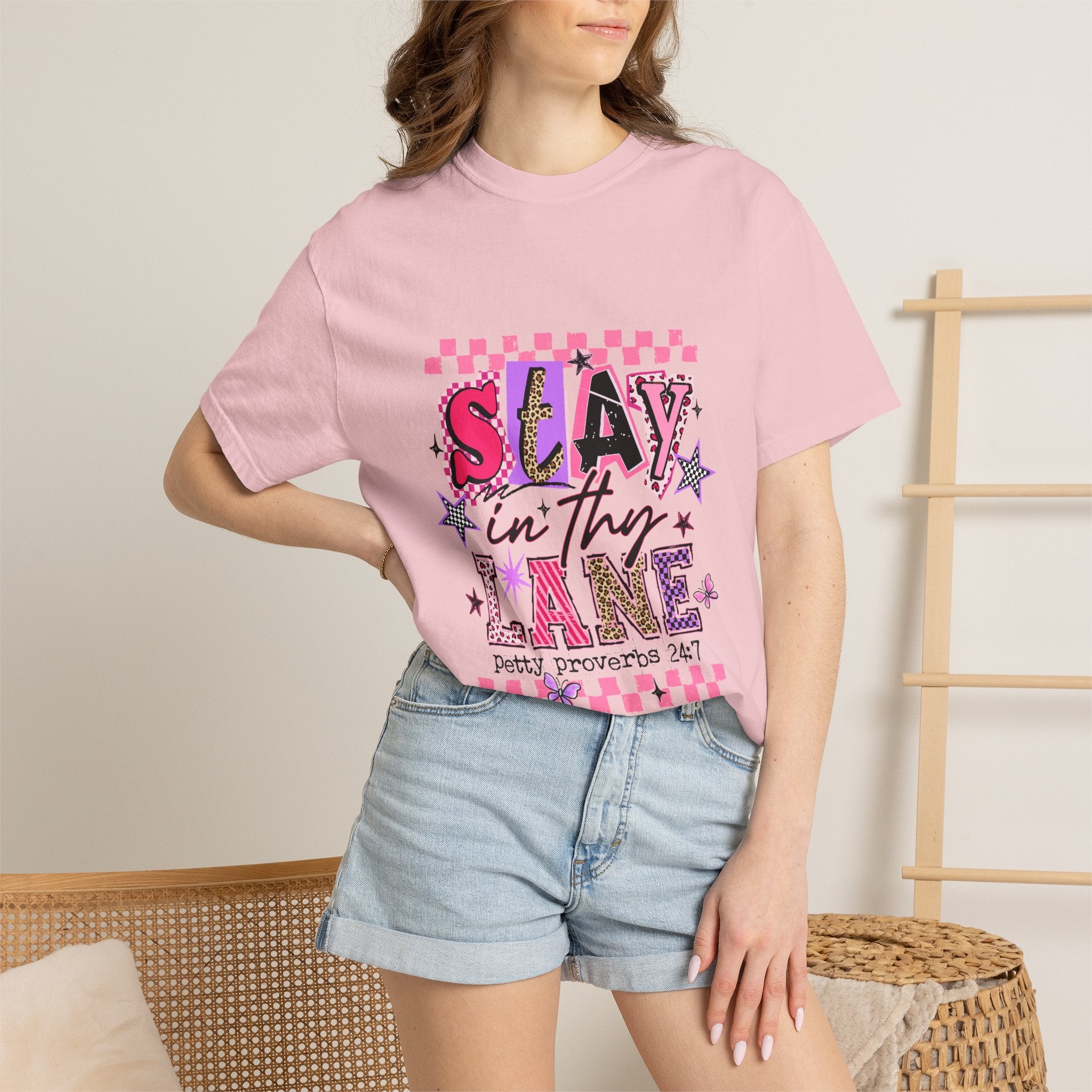 Slay in Thy Lane T-Shirt — Pink Check Graphic Tee (Pretty Proverbs 24:7)