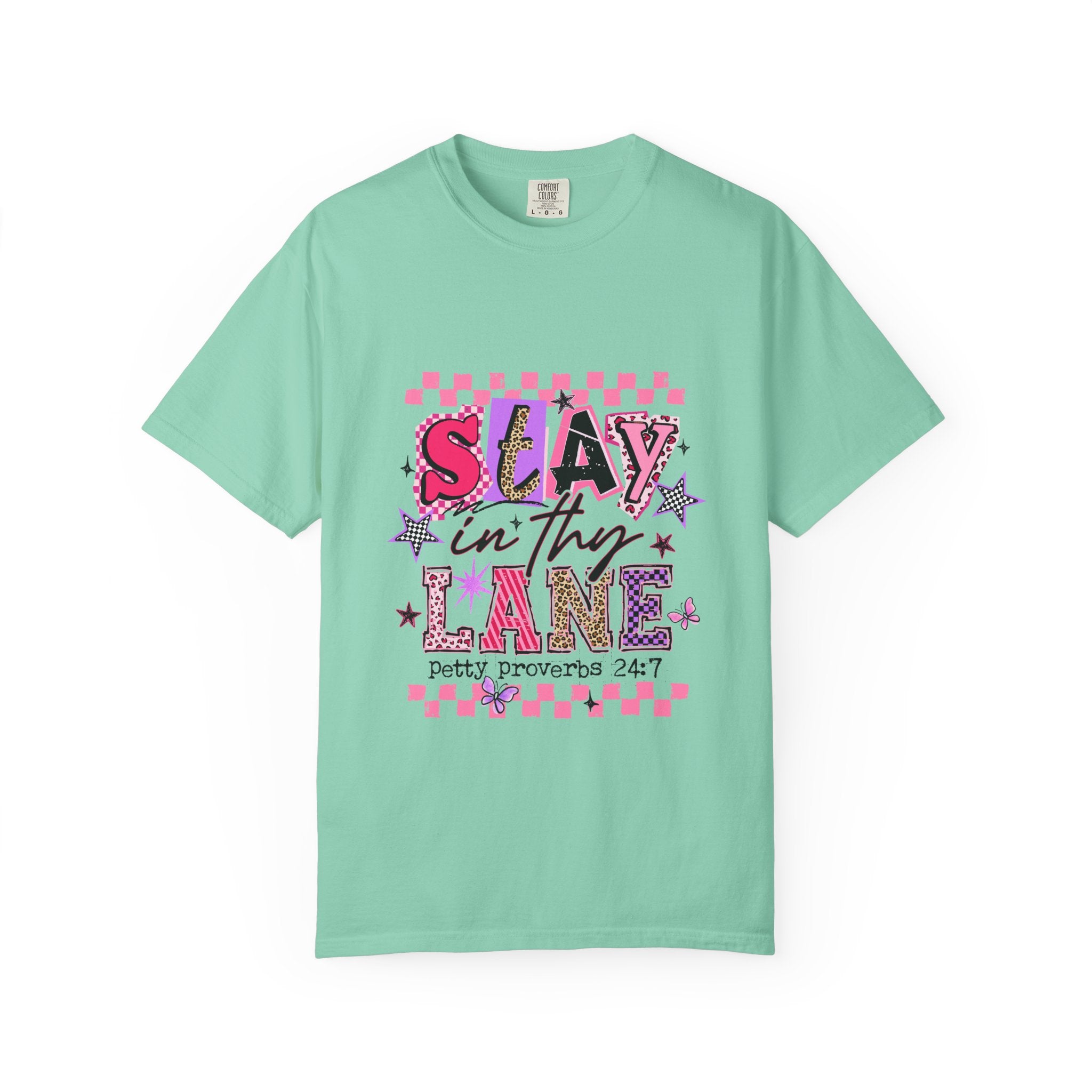Slay in Thy Lane T-Shirt — Pink Check Graphic Tee (Pretty Proverbs 24:7)