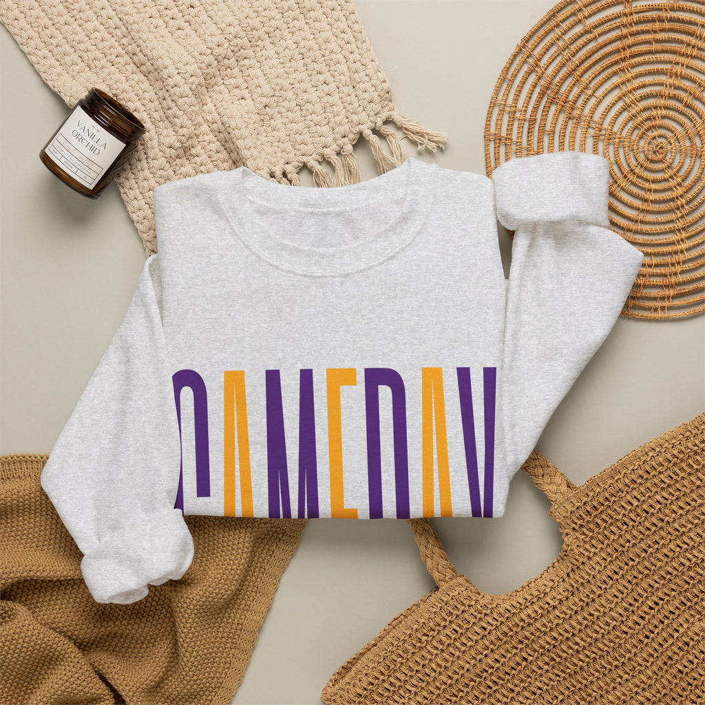 Gameday Crewneck Sweatshirt — Tall Purple & Gold Vertical Text