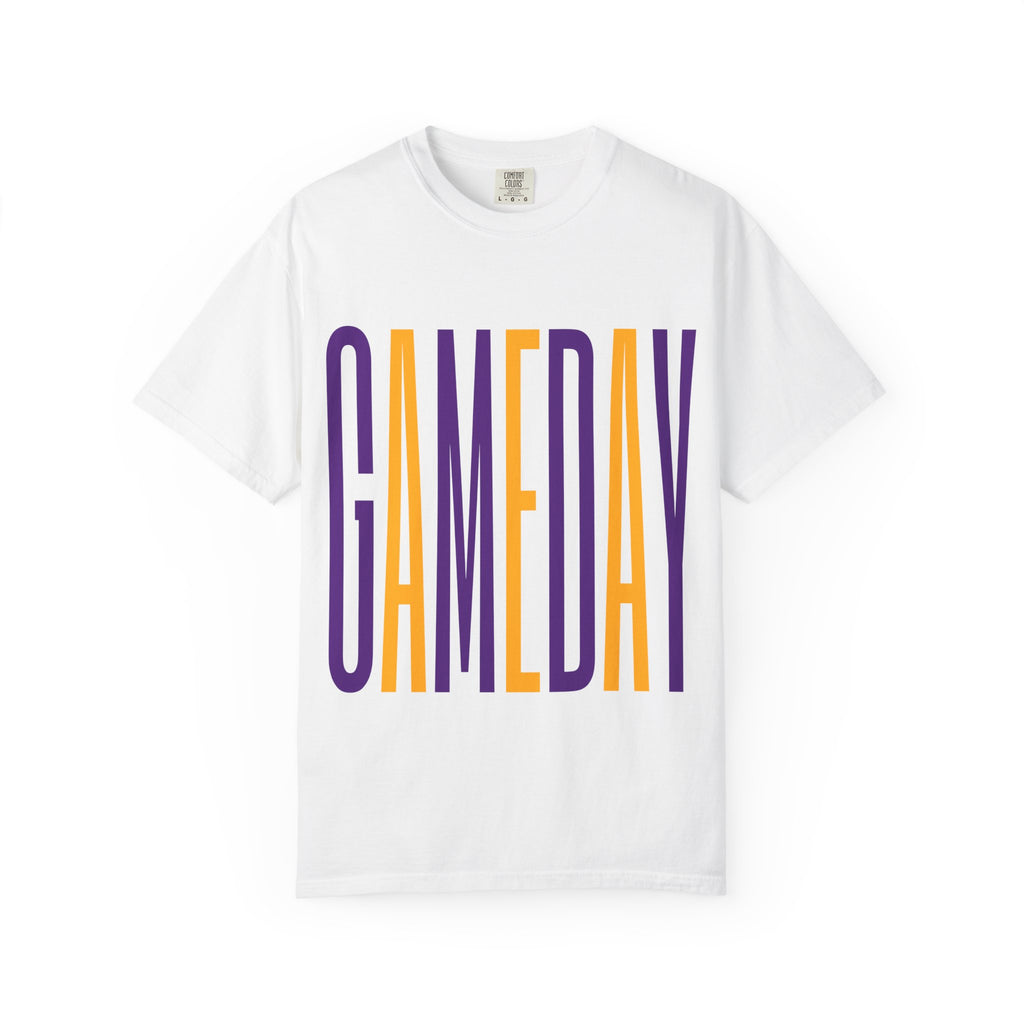 Gameday T-Shirt — Tall Block Letter Sports Tee (Purple & Gold)