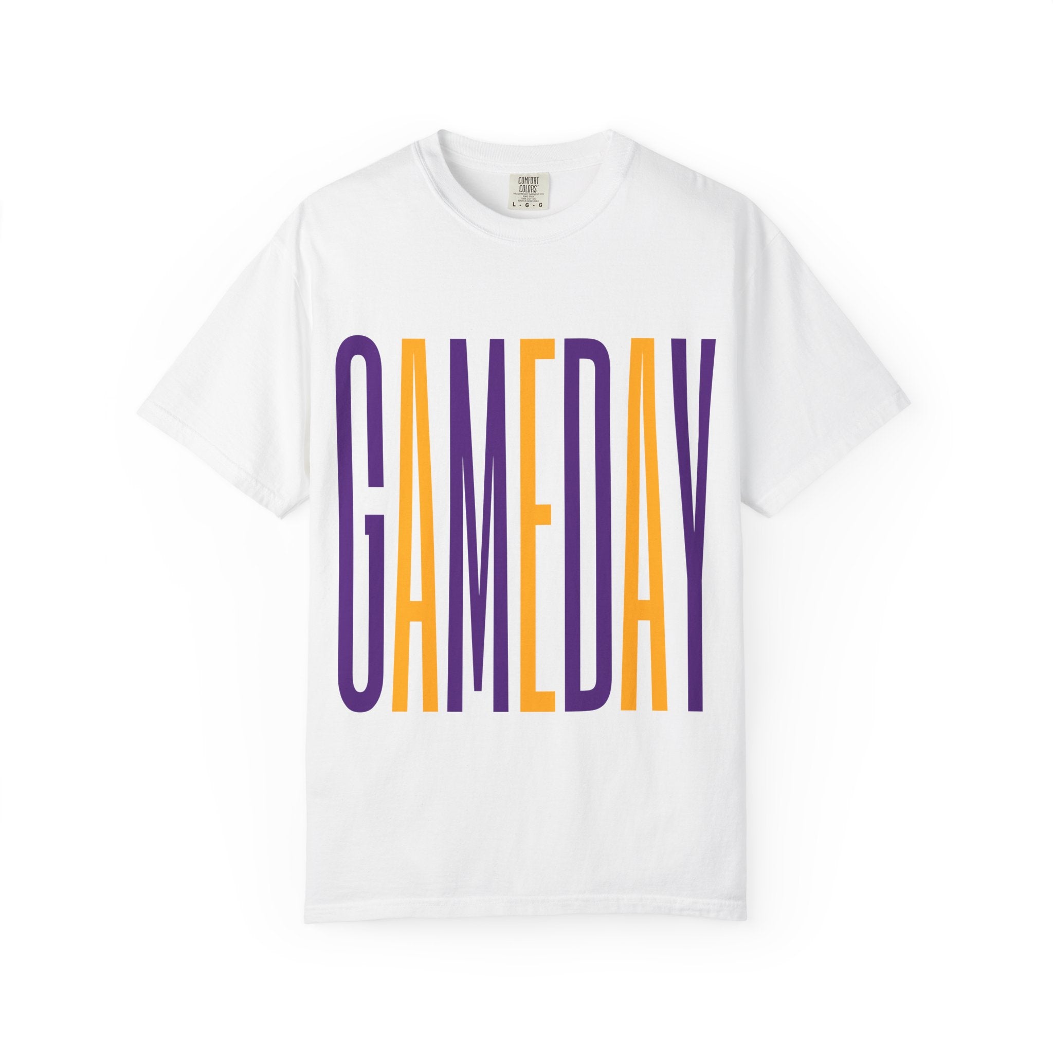 Gameday T-Shirt — Tall Block Letter Sports Tee (Purple & Gold)