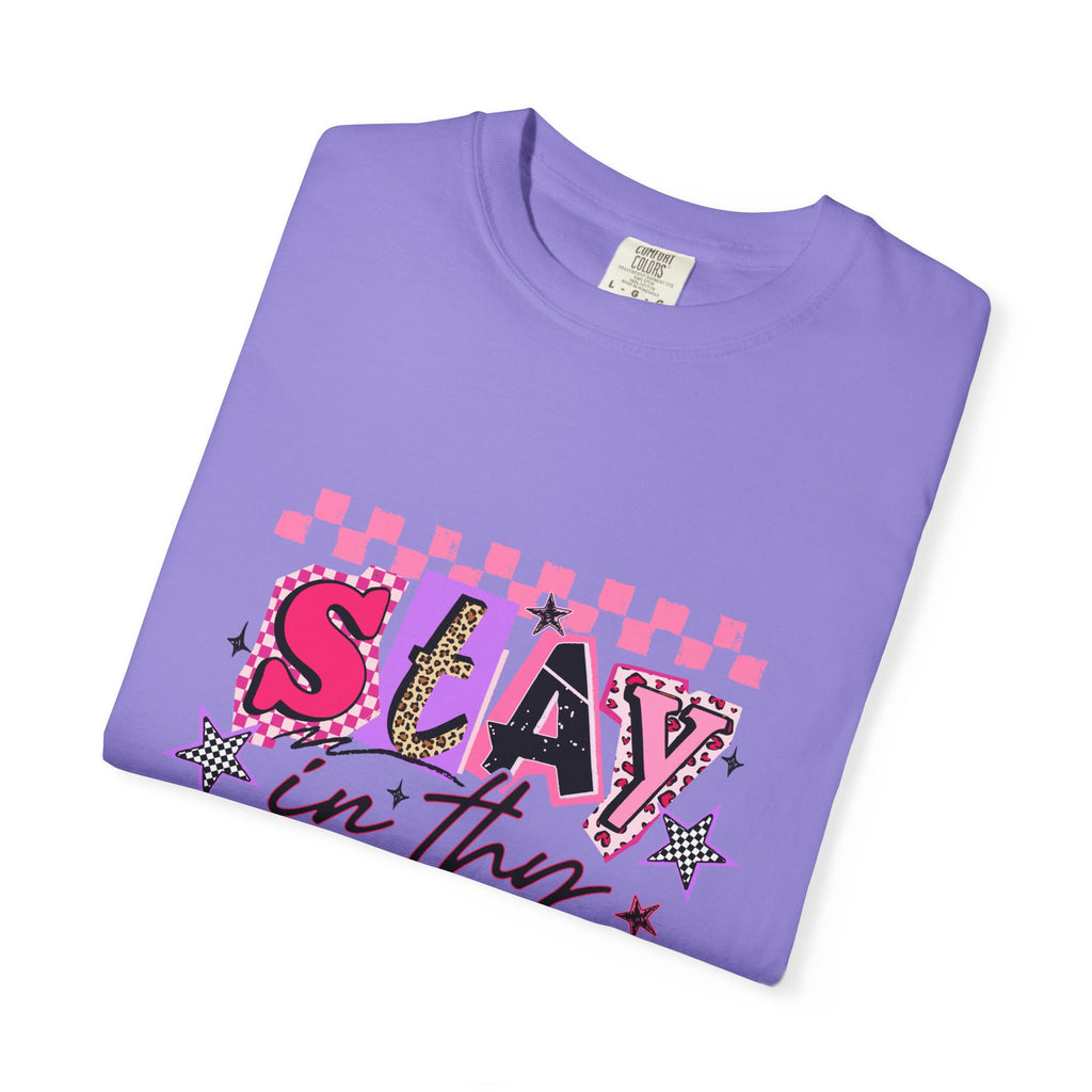Slay in Thy Lane T-Shirt — Pink Check Graphic Tee (Pretty Proverbs 24:7)