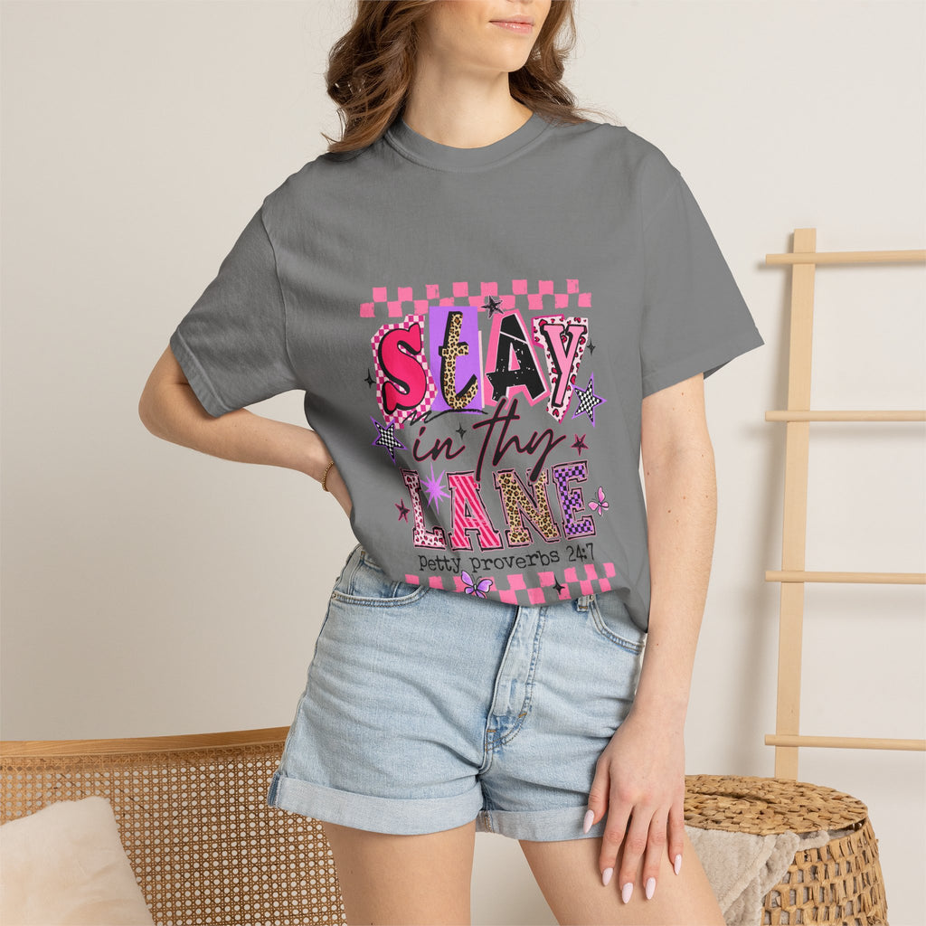 Slay in Thy Lane T-Shirt — Pink Check Graphic Tee (Pretty Proverbs 24:7)