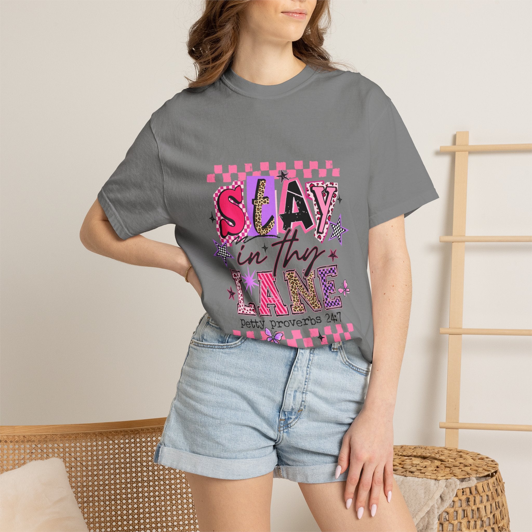 Slay in Thy Lane T-Shirt — Pink Check Graphic Tee (Pretty Proverbs 24:7)