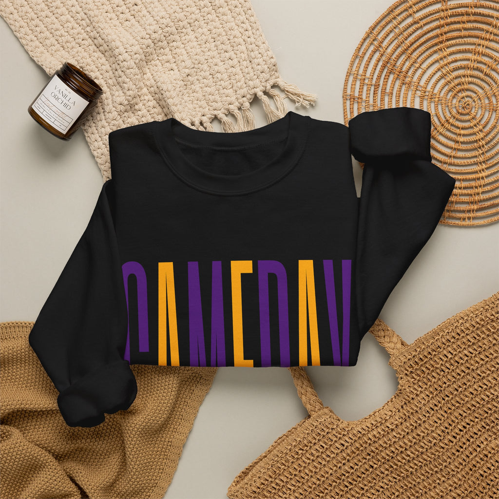 Gameday Crewneck Sweatshirt — Tall Purple & Gold Vertical Text