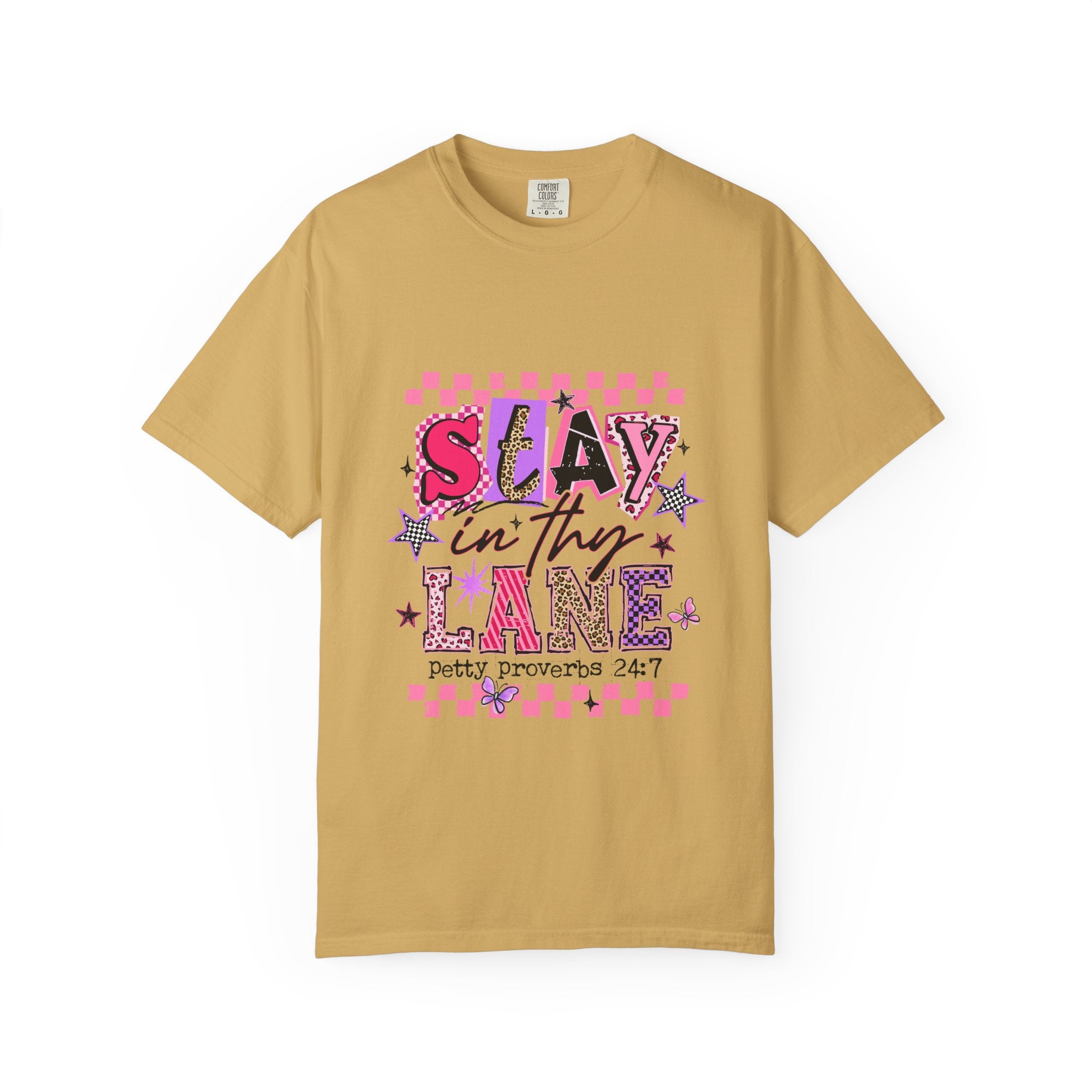 Slay in Thy Lane T-Shirt — Pink Check Graphic Tee (Pretty Proverbs 24:7)