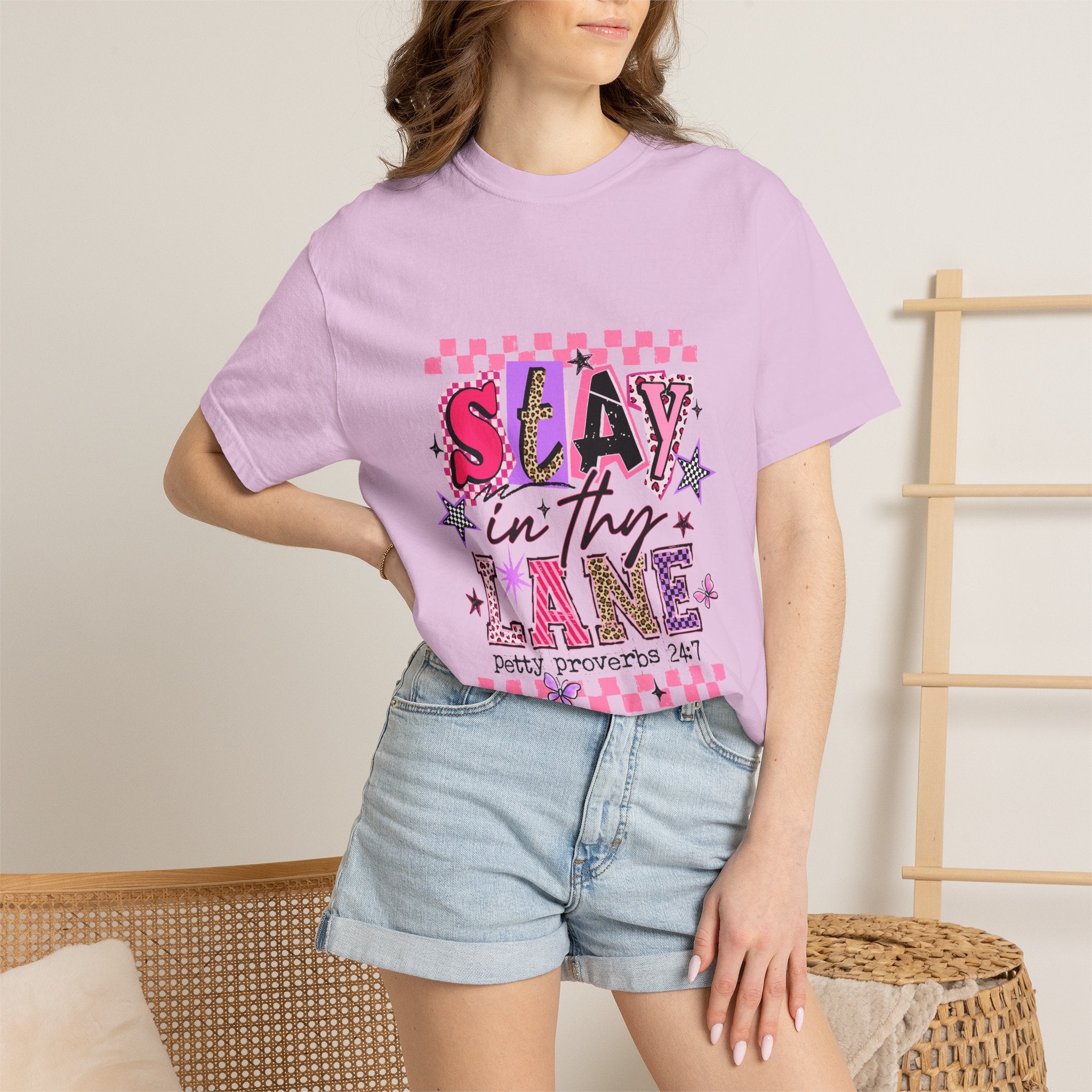 Slay in Thy Lane T-Shirt — Pink Check Graphic Tee (Pretty Proverbs 24:7)