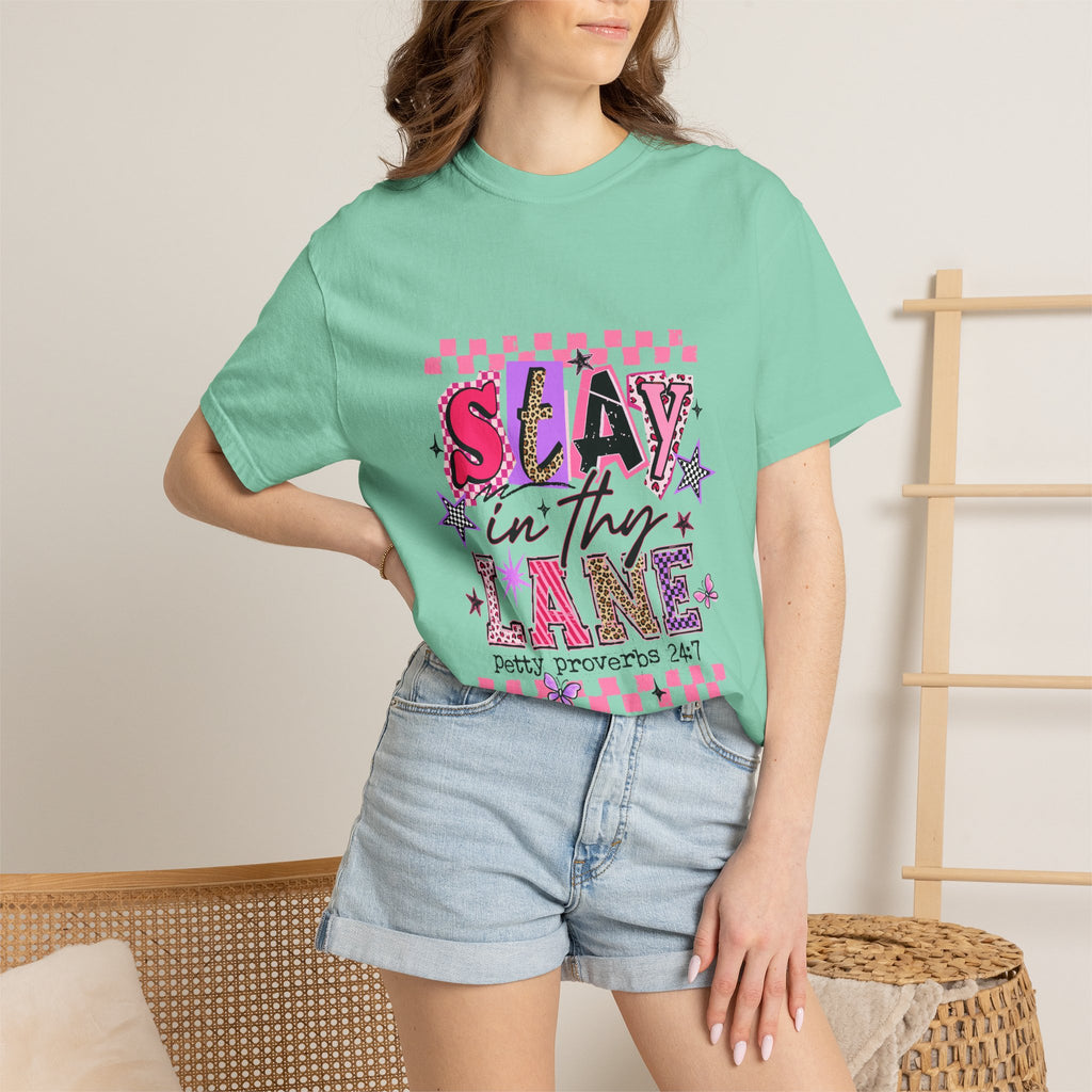 Slay in Thy Lane T-Shirt — Pink Check Graphic Tee (Pretty Proverbs 24:7)