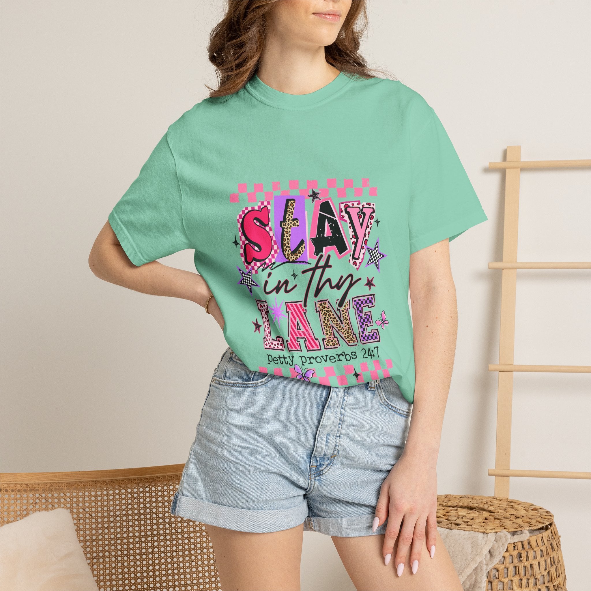 Slay in Thy Lane T-Shirt — Pink Check Graphic Tee (Pretty Proverbs 24:7)