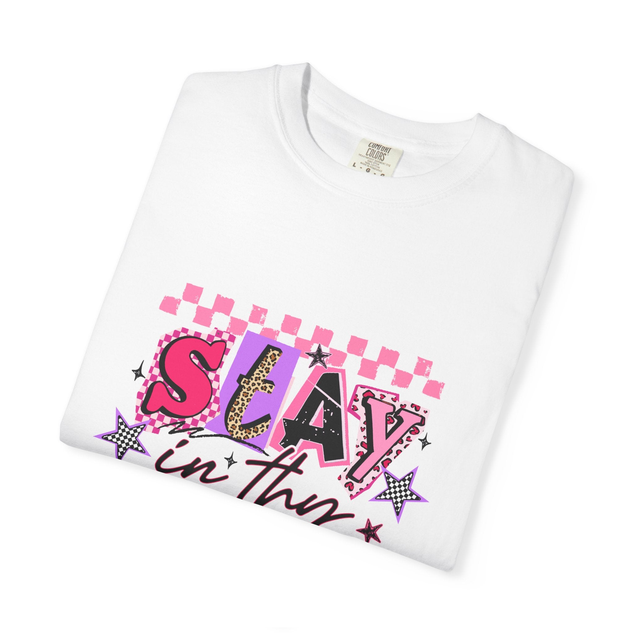 Slay in Thy Lane T-Shirt — Pink Check Graphic Tee (Pretty Proverbs 24:7)