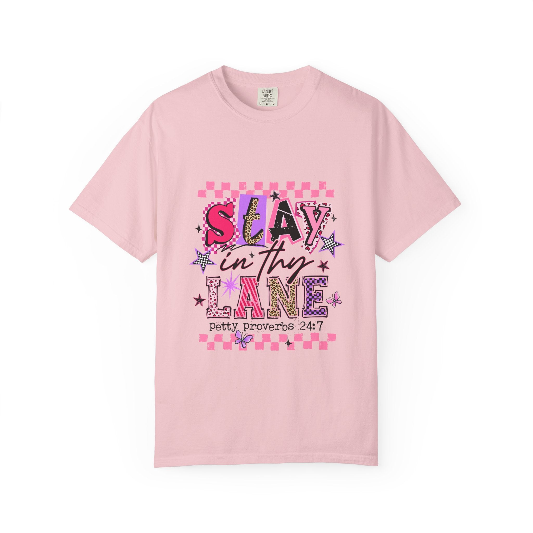 Slay in Thy Lane T-Shirt — Pink Check Graphic Tee (Pretty Proverbs 24:7)