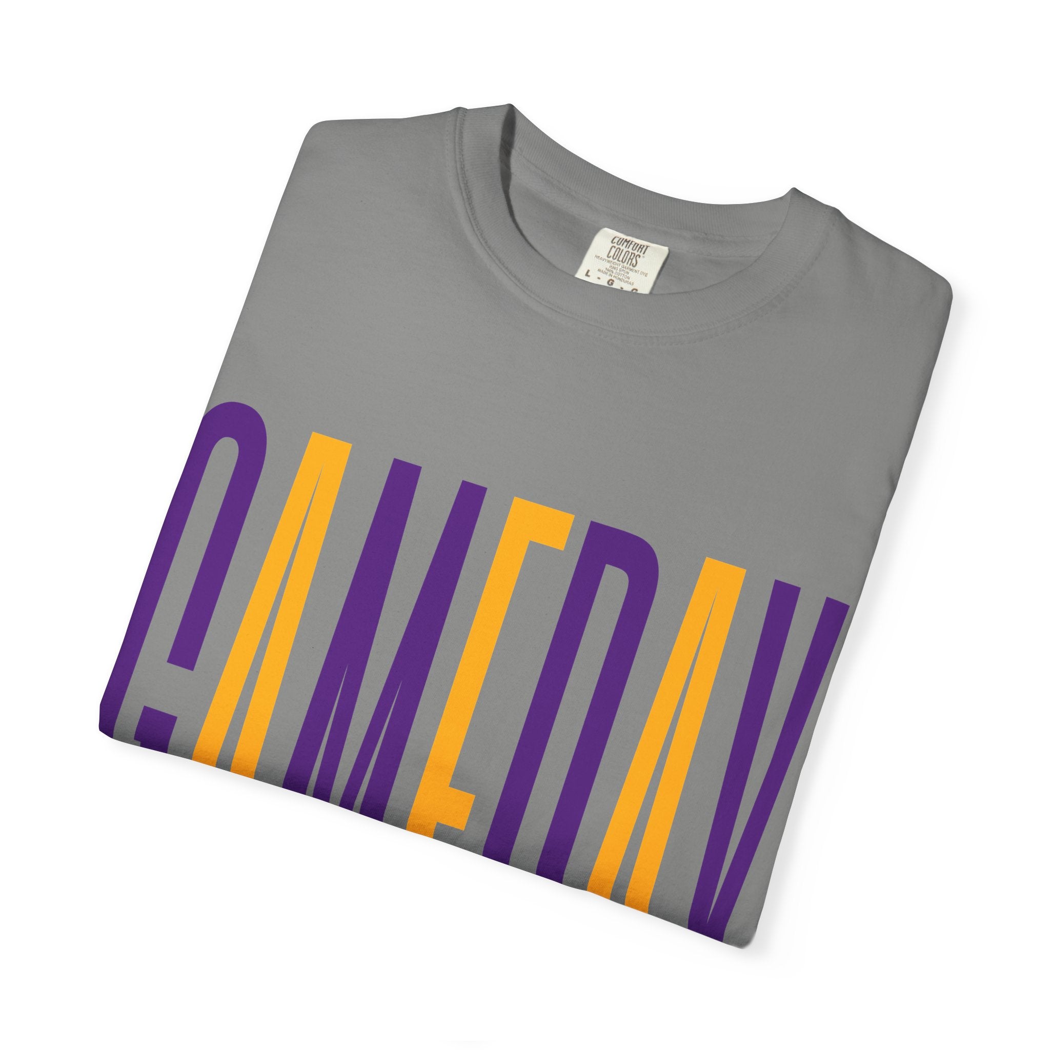 Gameday T-Shirt — Tall Block Letter Sports Tee (Purple & Gold)