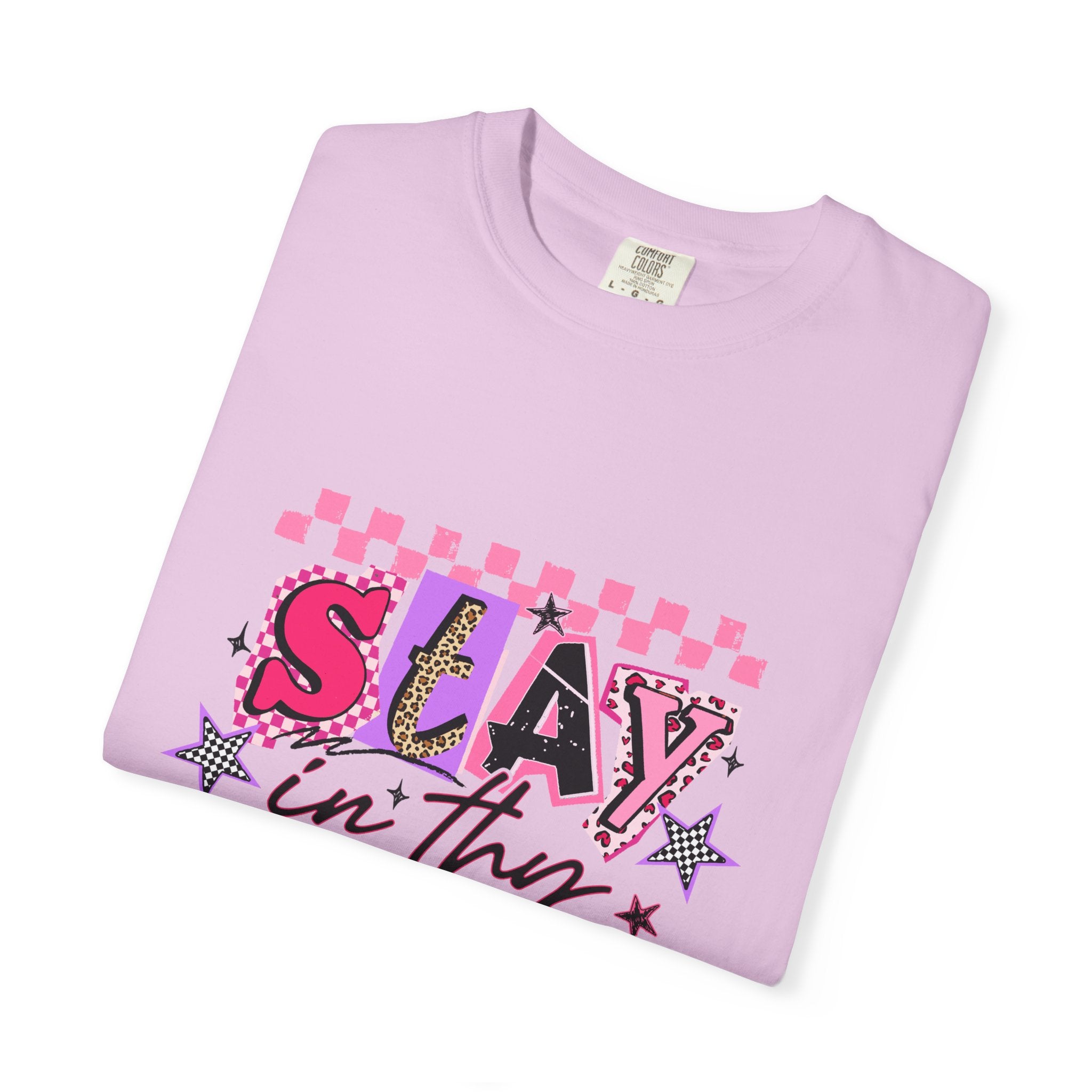 Slay in Thy Lane T-Shirt — Pink Check Graphic Tee (Pretty Proverbs 24:7)