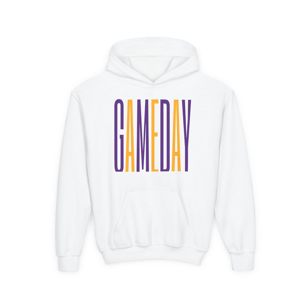 Youth 'GAMEDAY' Hoodie — Kids Sports Spirit Pullover (Purple & Gold Vertical Text)