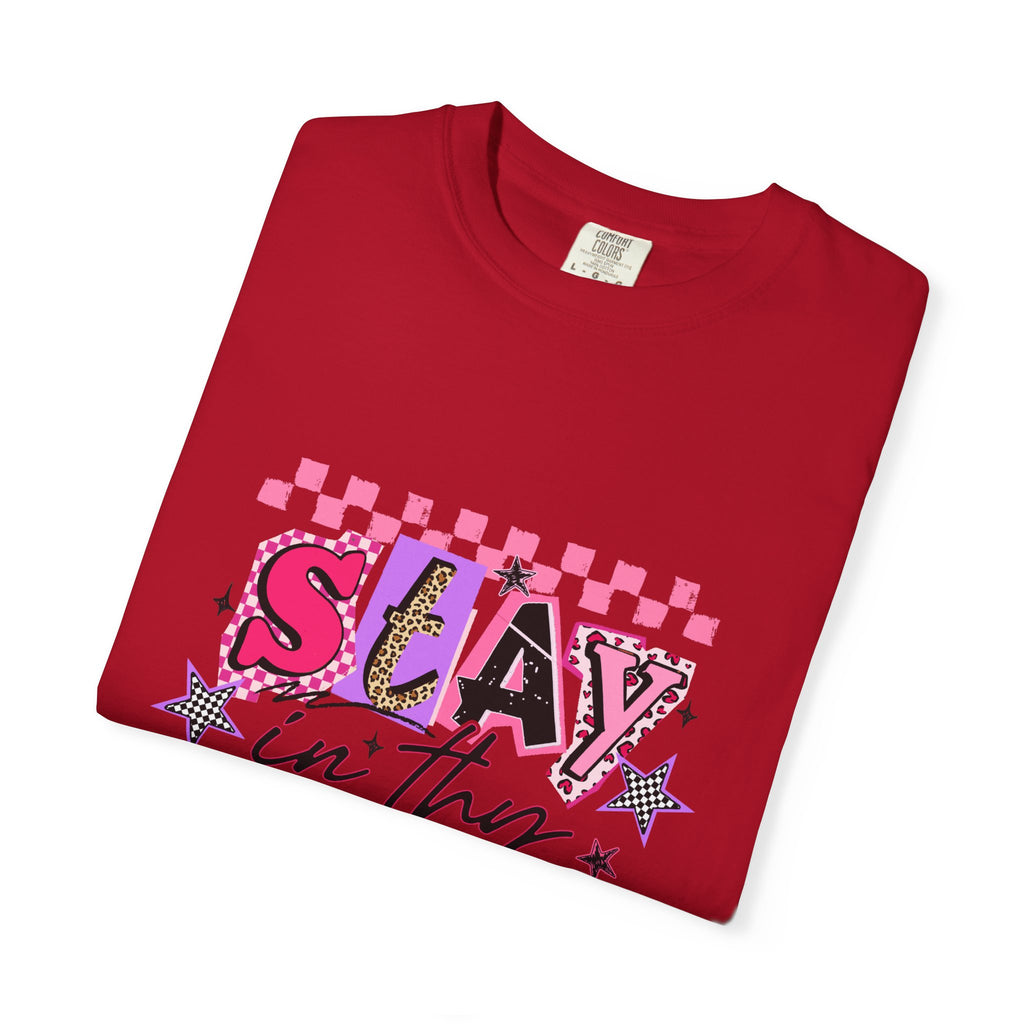 Slay in Thy Lane T-Shirt — Pink Check Graphic Tee (Pretty Proverbs 24:7)